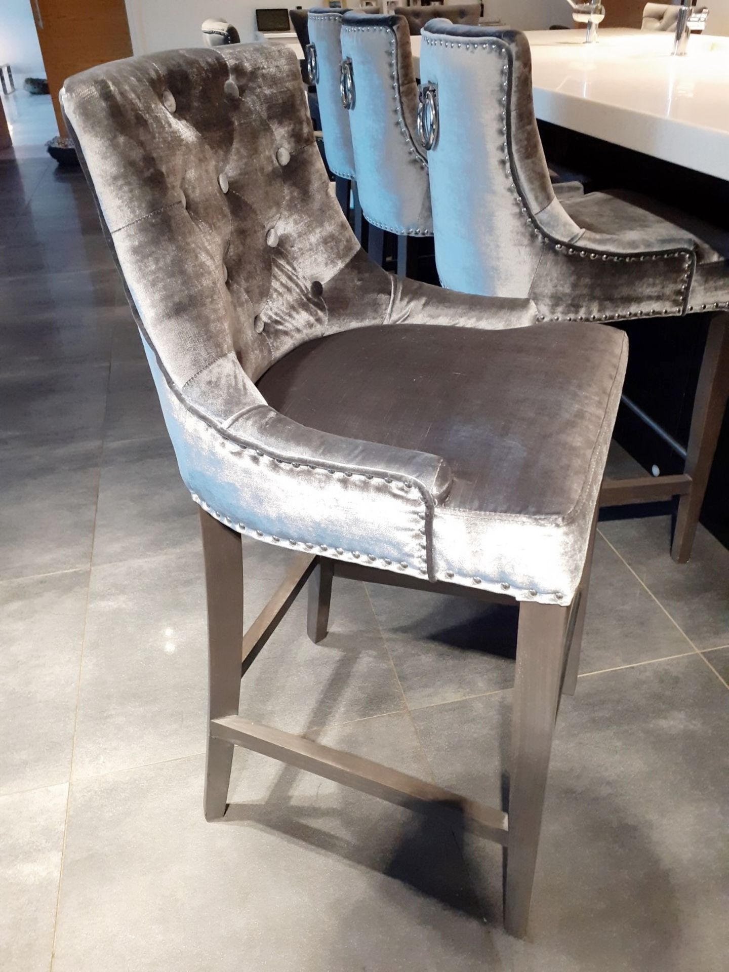 4 x Button Back Barstools Upholstered In A Rich Silver Grey Velvet Fabric - NO VAT ON THE HAMMER