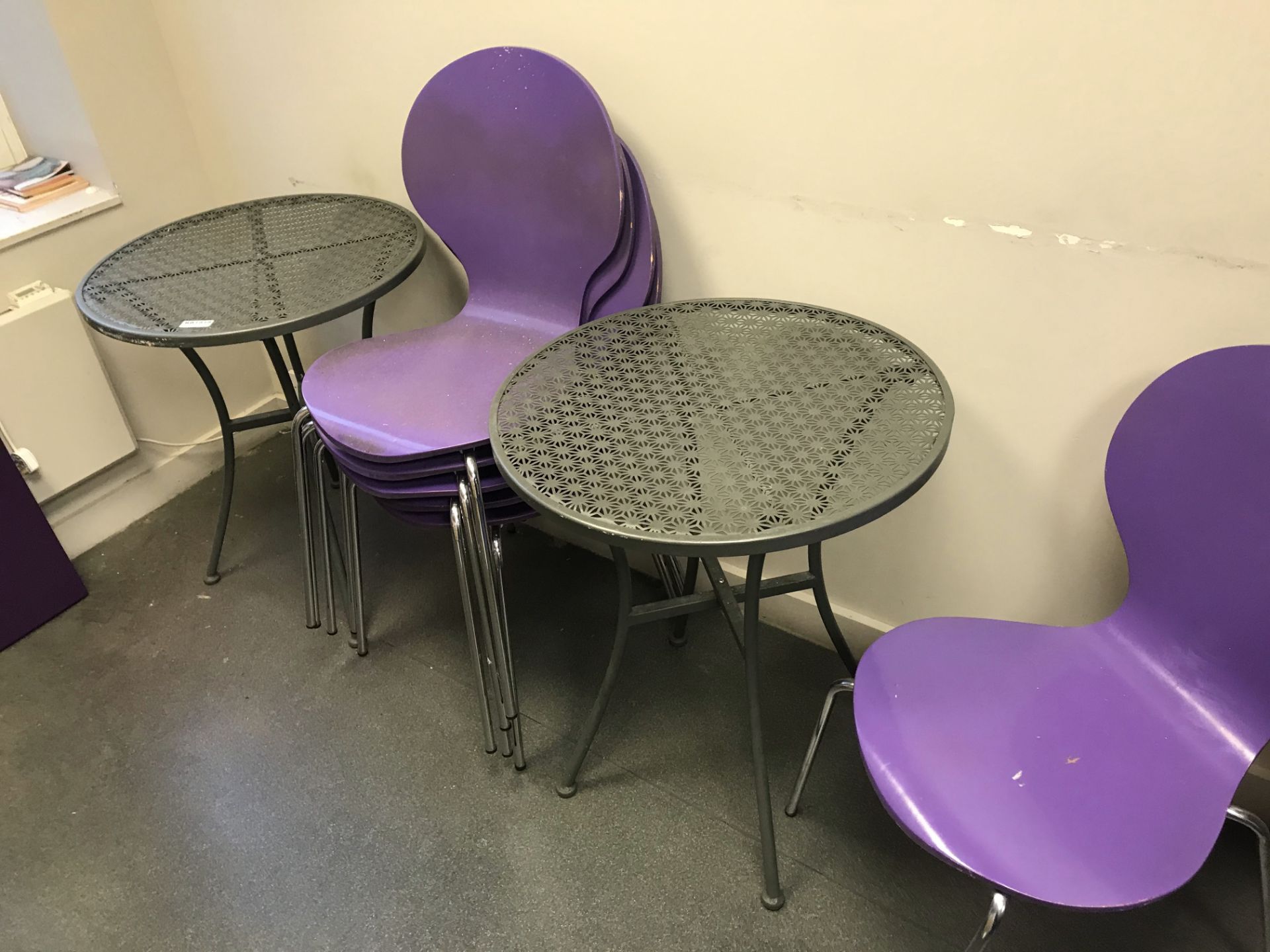 1 x Staff Canteen / Cafe Furniture Set - Includes 3 x Metal Laser Cut Tables, 6 x Stackable Chairs