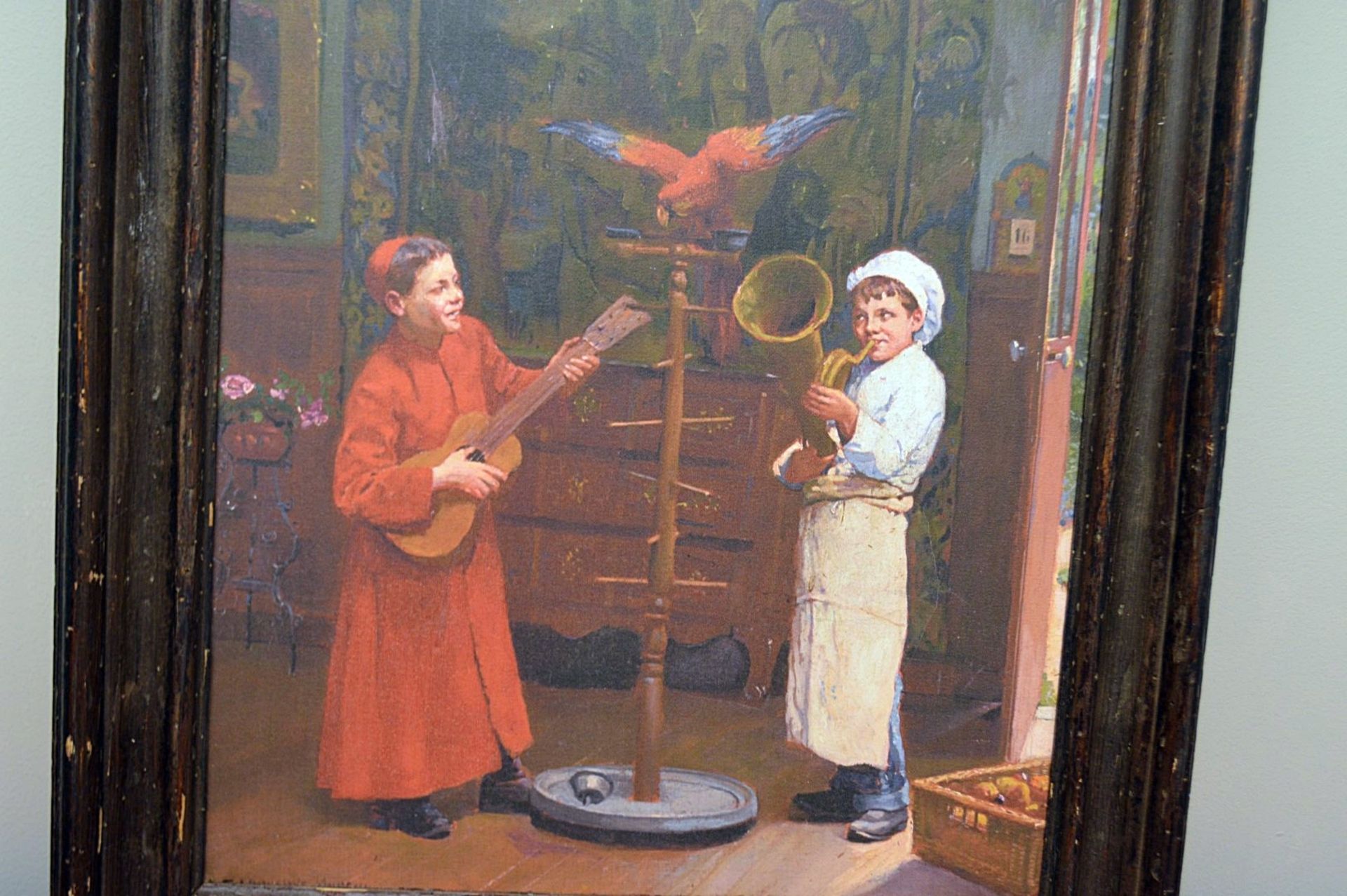 1 x Ornately Framed Canvas Print Depicting Boys With A Parrot - Dimensions: 60 x 70cm - Ref: MD160 / - Image 2 of 4