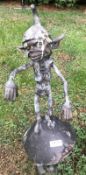 1 x Tall Bronze Garden Sculpture Of An Elf / Pixie / Goblin Stood On Top Of A Large Mushroom -