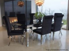 1 x Elegant 1.6 Metre Black Glass Topped Dining Table With 6 x Matching Chairs - Preowned *