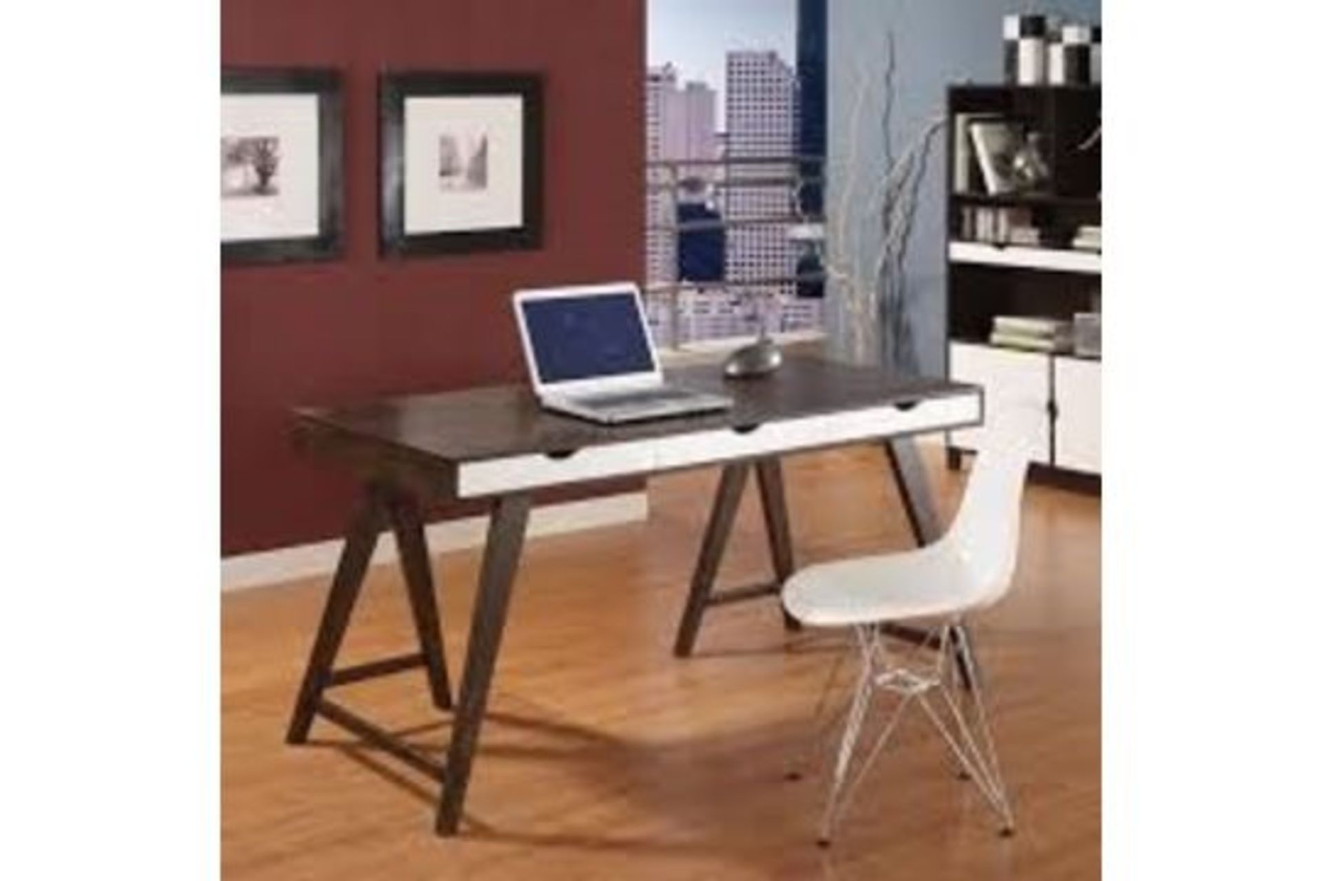 1 x Blue Suntree Ellwood Trestle Desk With a Dark Walnut Finish and Three White Storage Drawers - - Image 2 of 2
