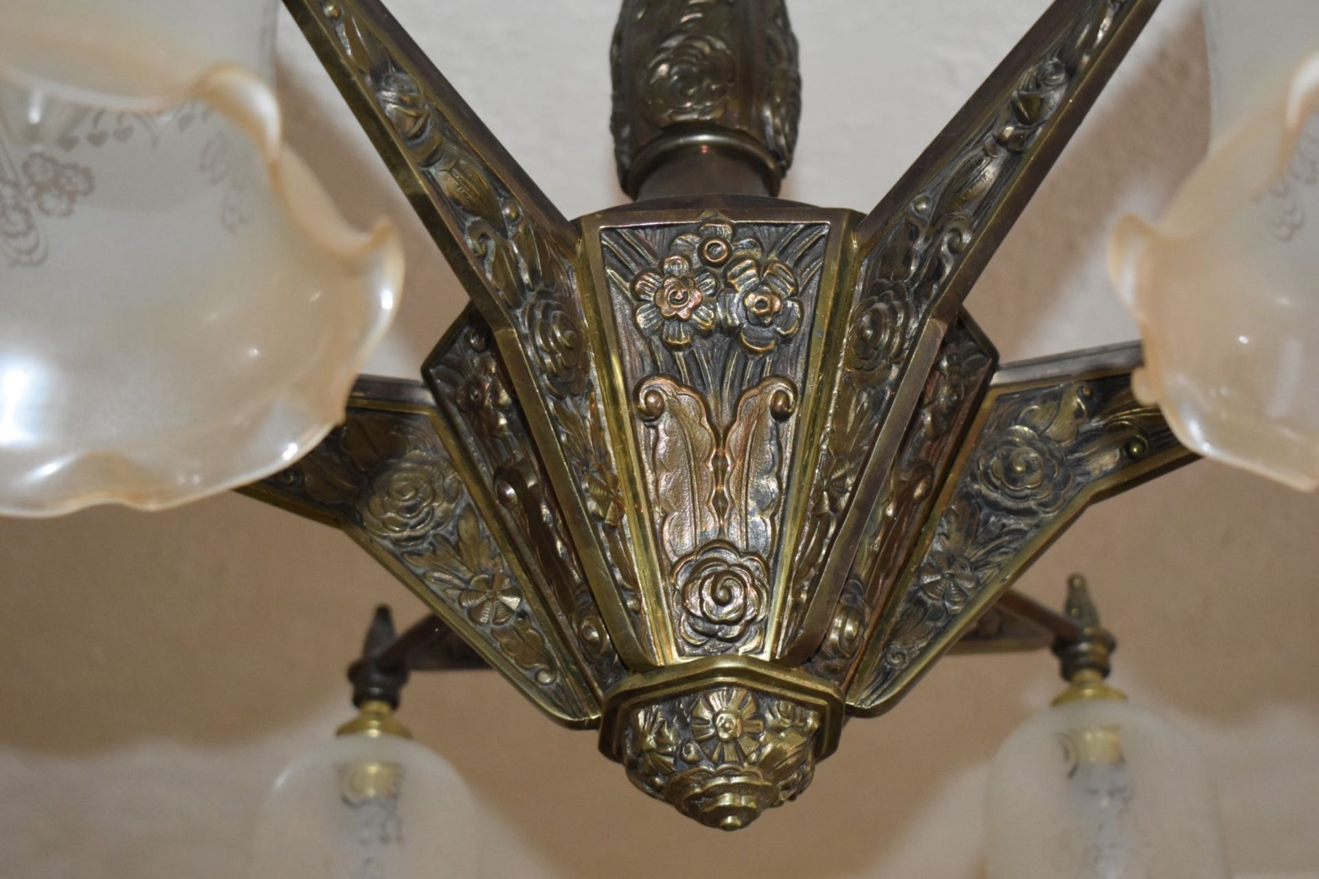 1 x Vintage 6 Light Bronze Chandelier With Frosted Glass Tulip Bell Shades - Dimensions: Drop 72 x - Image 10 of 14