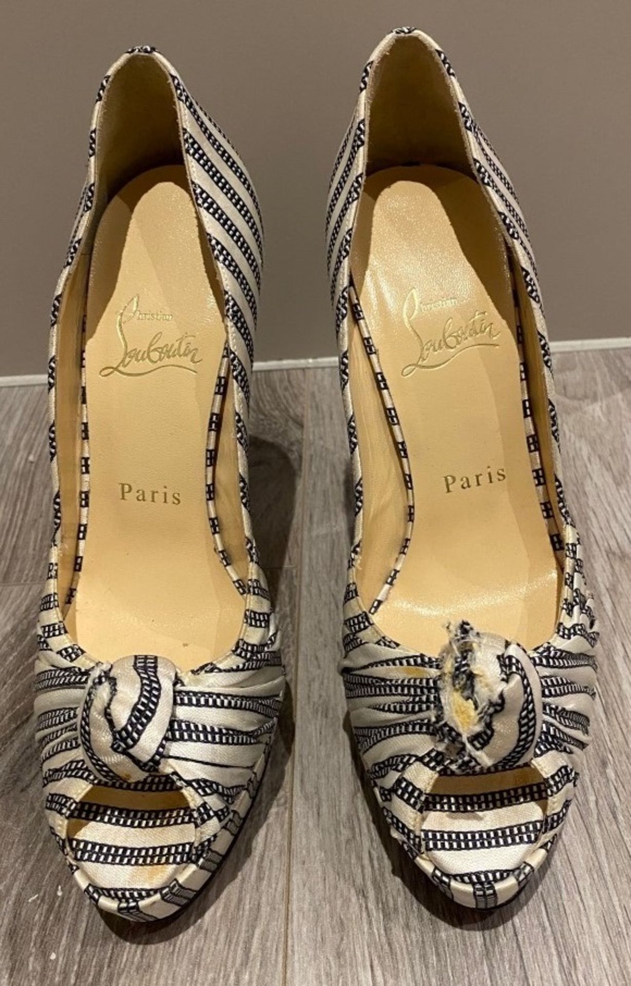 1 x Pair Of Genuine Christain Louboutin High Heel Shoes In Stripe - Size: 37 - Preowned in Very Worn - Image 3 of 5