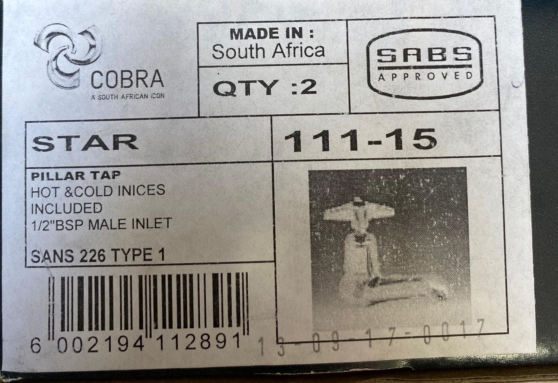 1 x Cobra Pillar Taps - Product Code: 111-15 - New Boxed Stock - Location: Altrincham WA14 - - Image 3 of 5