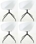 A Set Of 4 x Elegant 'NOVA' Swivel Dining Chairs With White Curved Seats And Black Metal Bases -