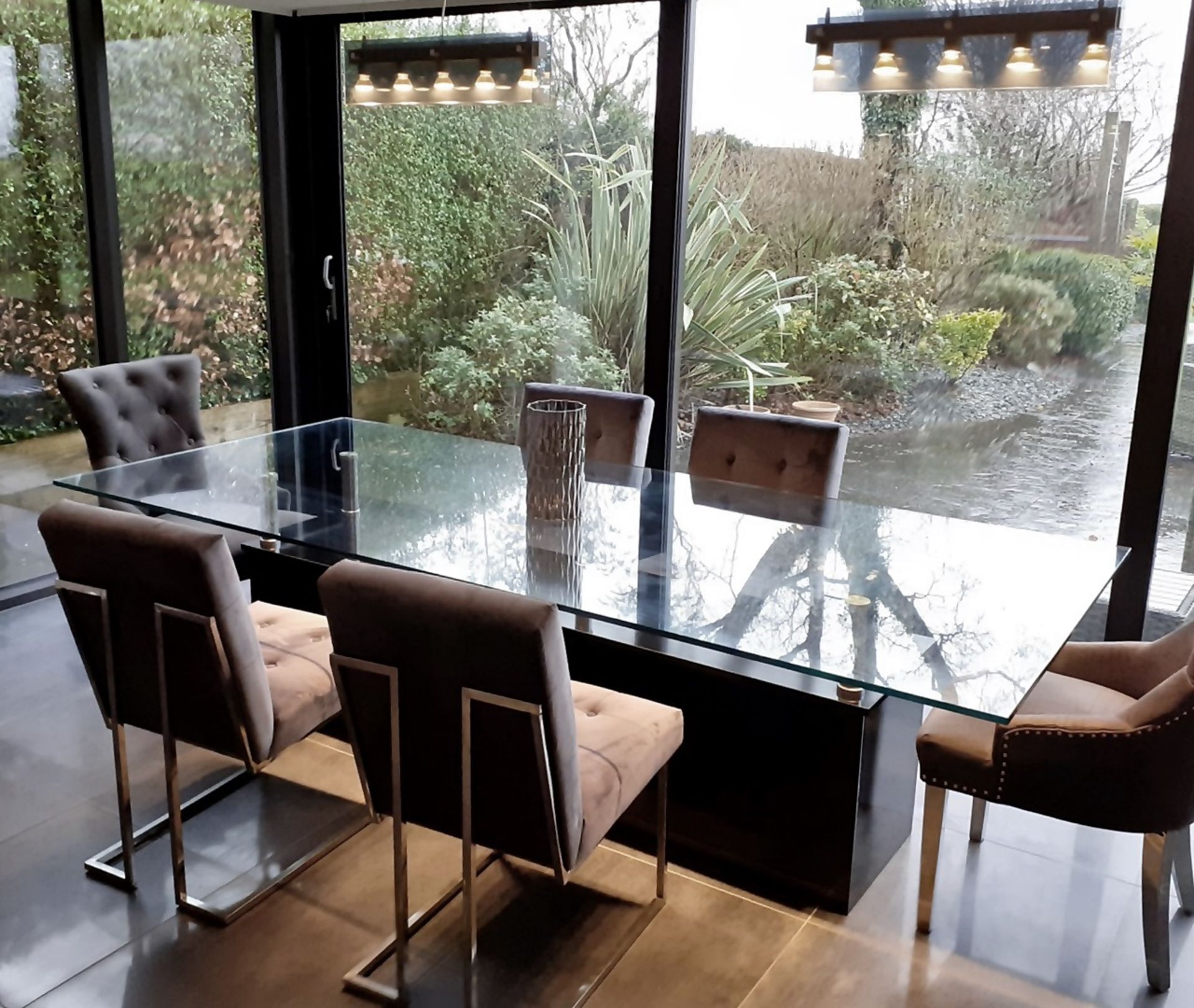 1 x Glass Topped 2.7 Metre Long Designer Dining Table + 2 x Light Fittings - NO VAT ON THE HAMMER