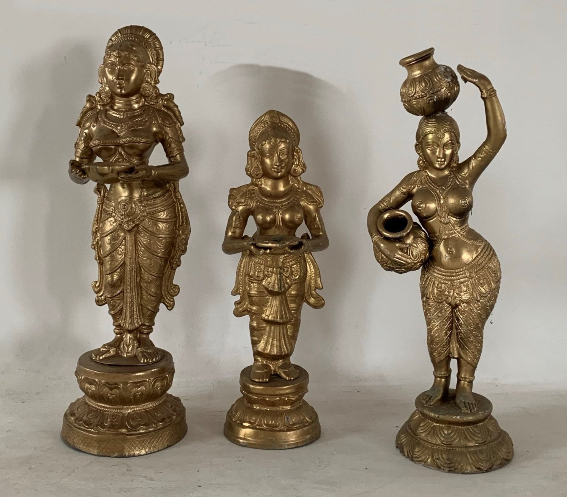 3 x Large Gold Coloured Indian Dolls - Dimensions: 102x40cm, 84x30cm, 97x34cm - Ref: Lot 82 -