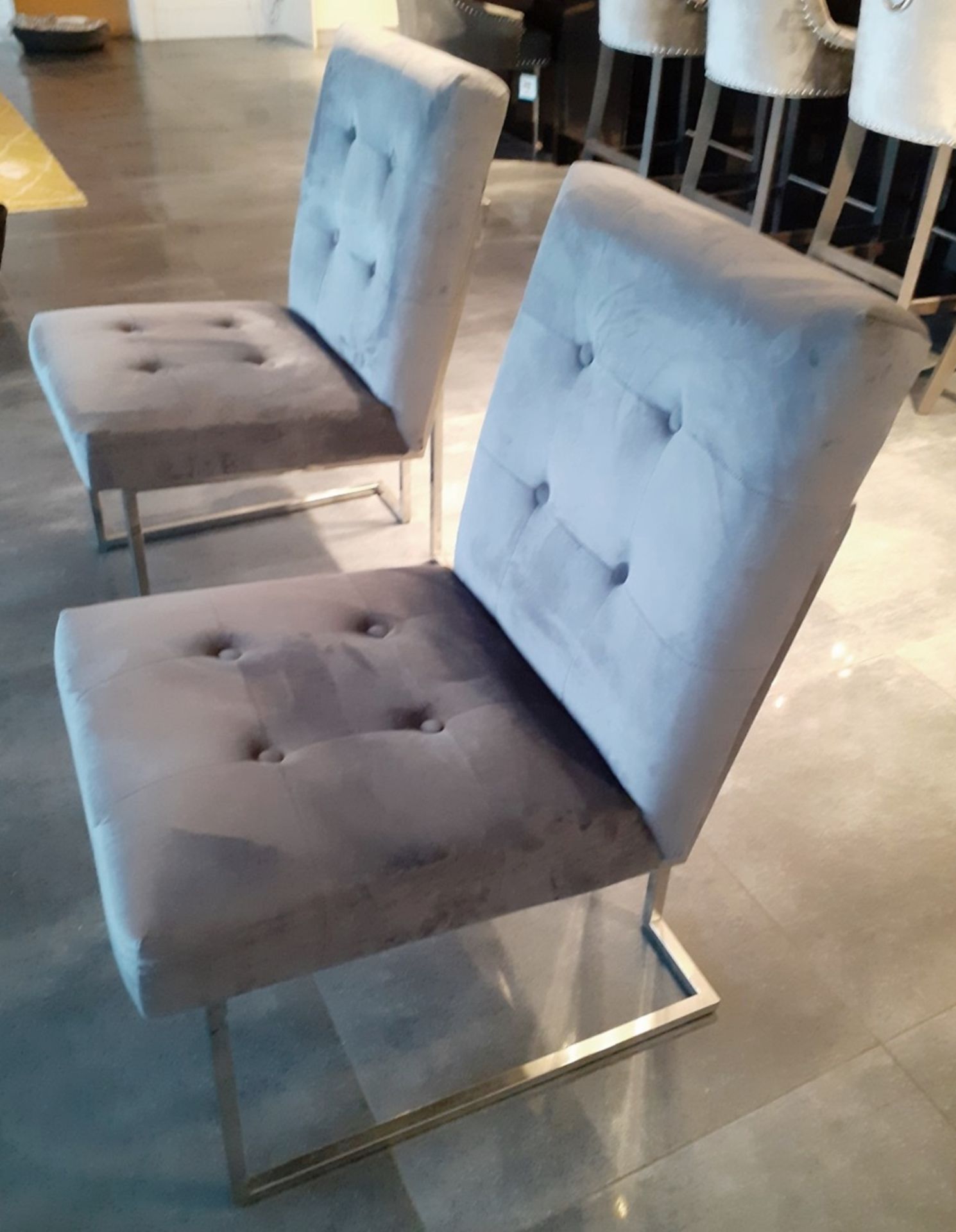 4 x Button Back Dining Chairs In A Rich Grey Velvet Fabric With Art Deco Style Chrome Frames - Image 2 of 5