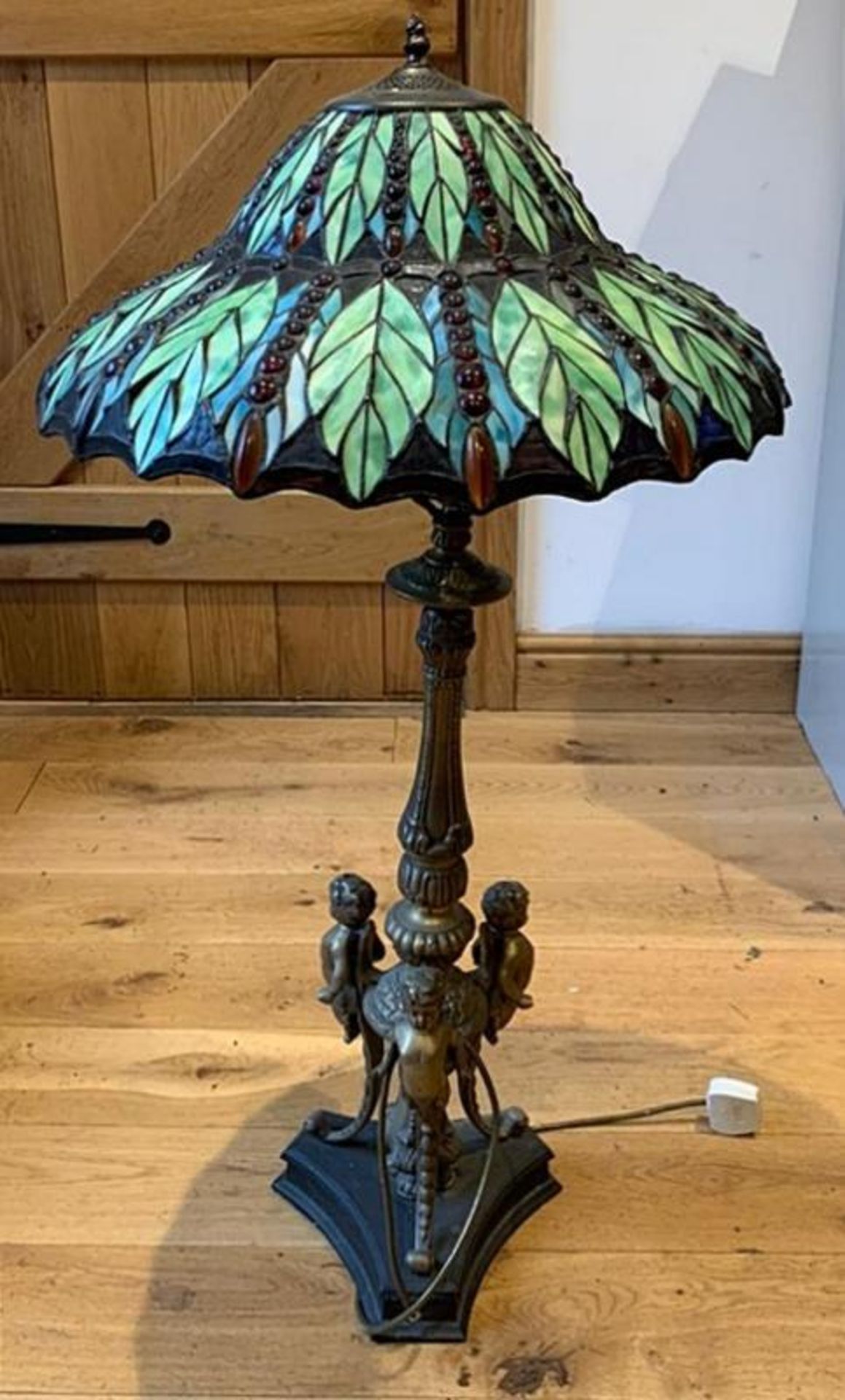 1 x Tall Tiffany Lamp With Bronze Sculptures To The Bottom of the Stem - Dimensions: Height 101cm
