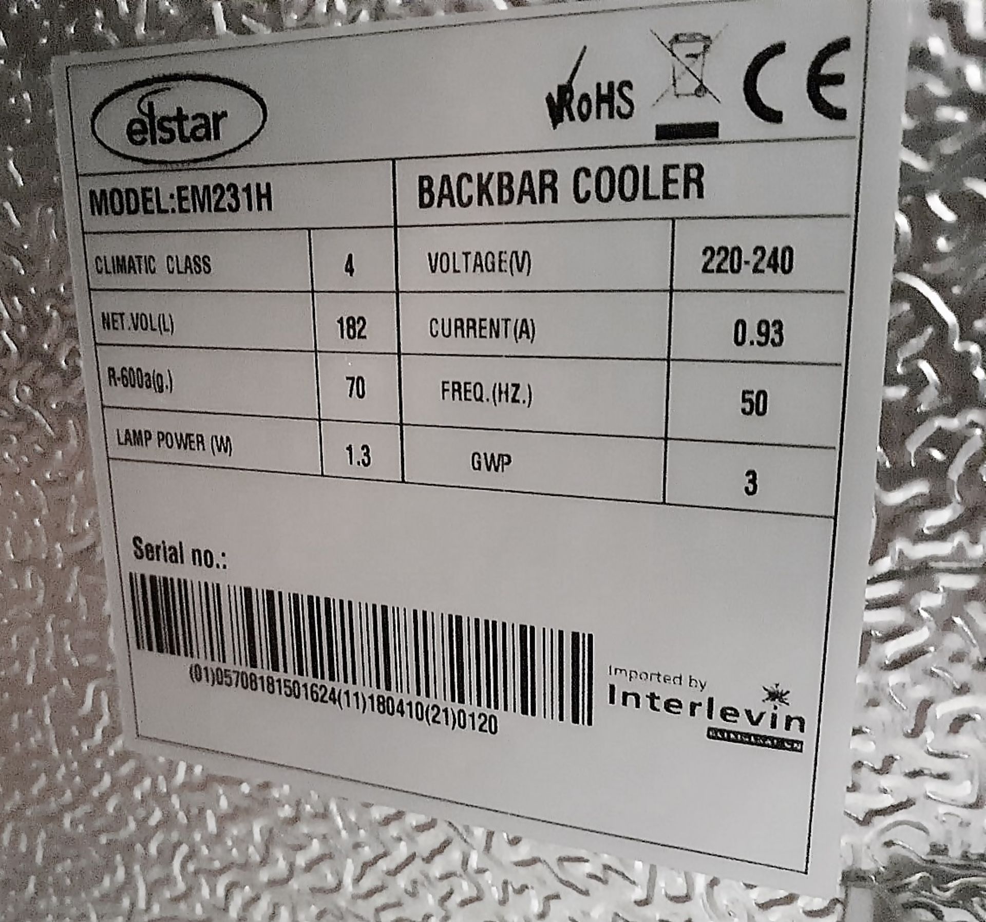 1 x ELSTAR Backbar Cooler - Model: EM231H - Dimensions: 90 x 49 x H88cm - NO VAT ON THE HAMMER - Image 2 of 3