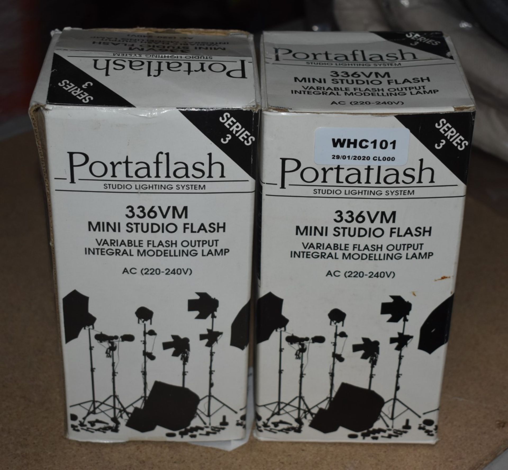 2 x Portaflash 336VM Mini Studio Flash Lights For Photography - Boxed in Good Condition - Ref WHC101