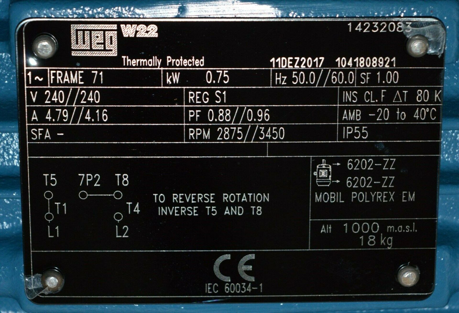 1 x Weg W22 240v IP55 Single Phase Electric Motor - 0.75kW02P71 240 V50Hz - Brand New - WH2 - - Image 3 of 8