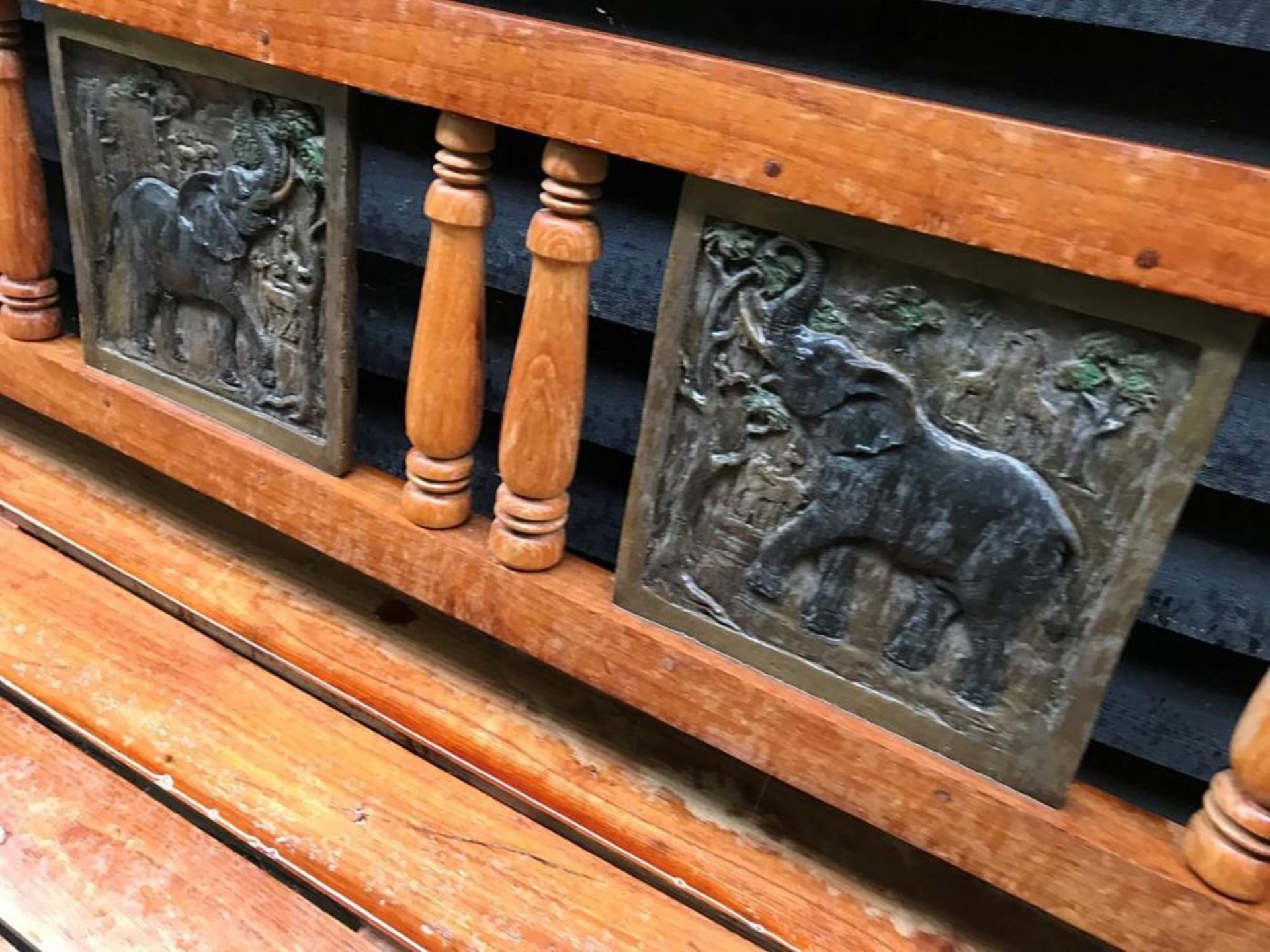 1 x Beautiful and Ornate Indian Teak Wood Bench With Raised Bronze Elephant Plaque Inserts - - Image 6 of 10