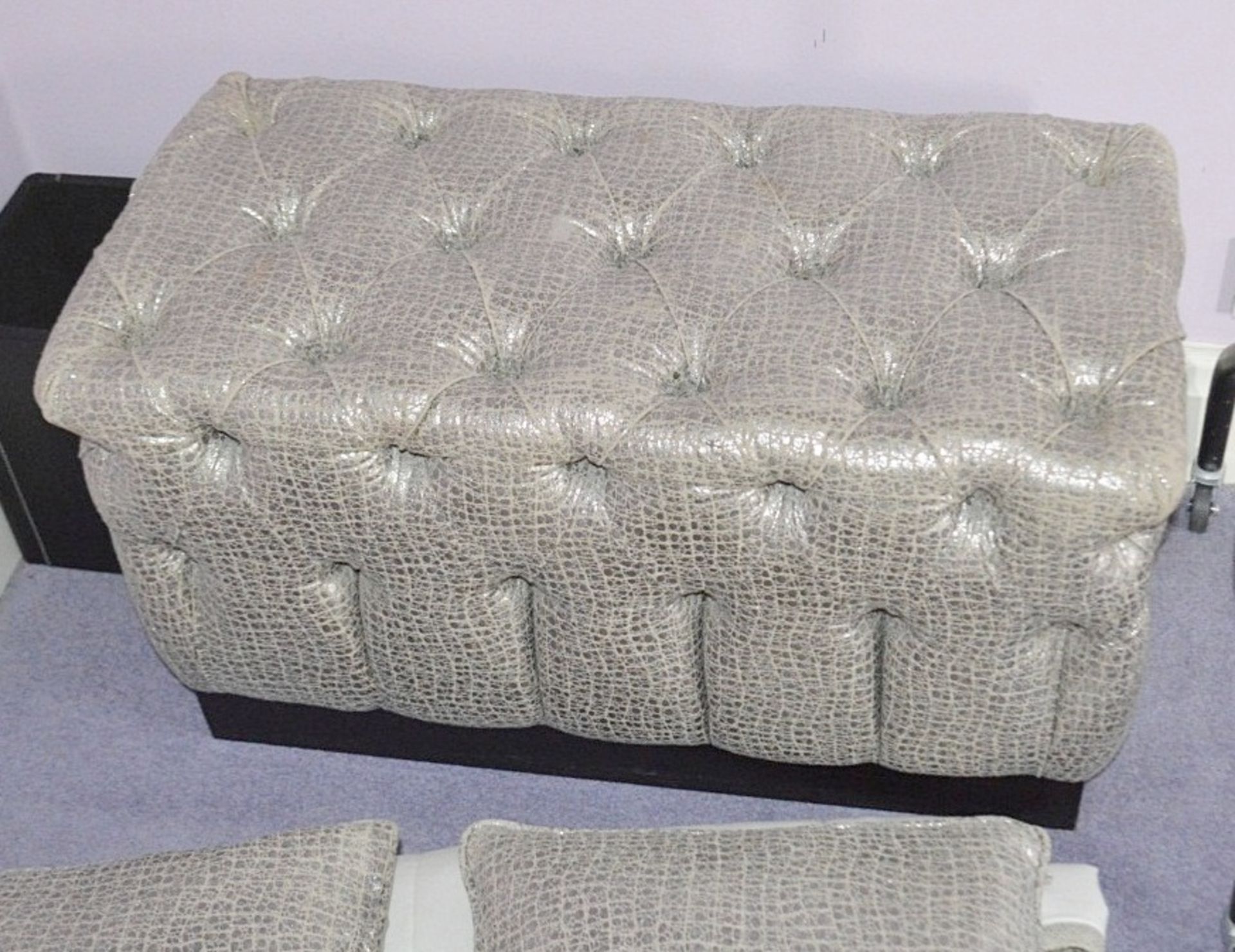 1 x Button Back Footstool In Silver With 2 x Matching Cushions - Dimensions: H45 x W78 x D40cm