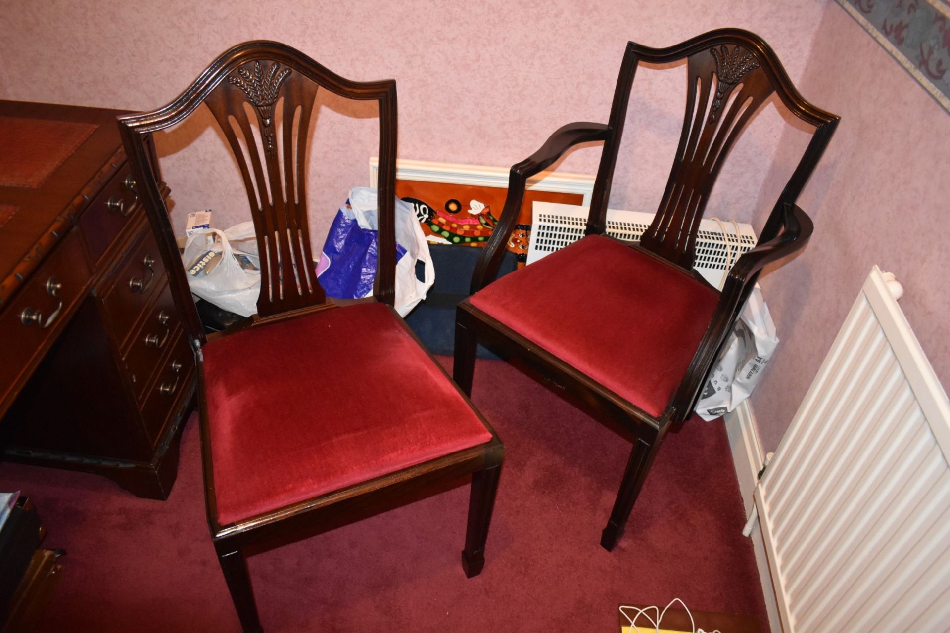2 x Mahogany Shieldback Dining Chairs With Cushioned Seats Upholstered in Red Fabric - CL579 - No - Image 3 of 4