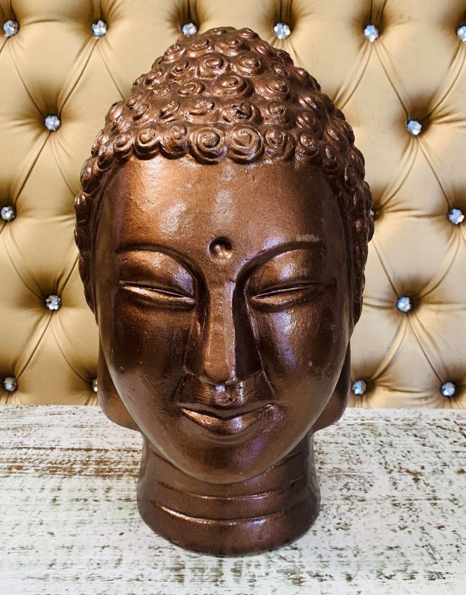 1 x Resin Copper Coloured Buddha Head - Dimensions: 38x22cm - Ref: Lot 22 - CL548 - Location: