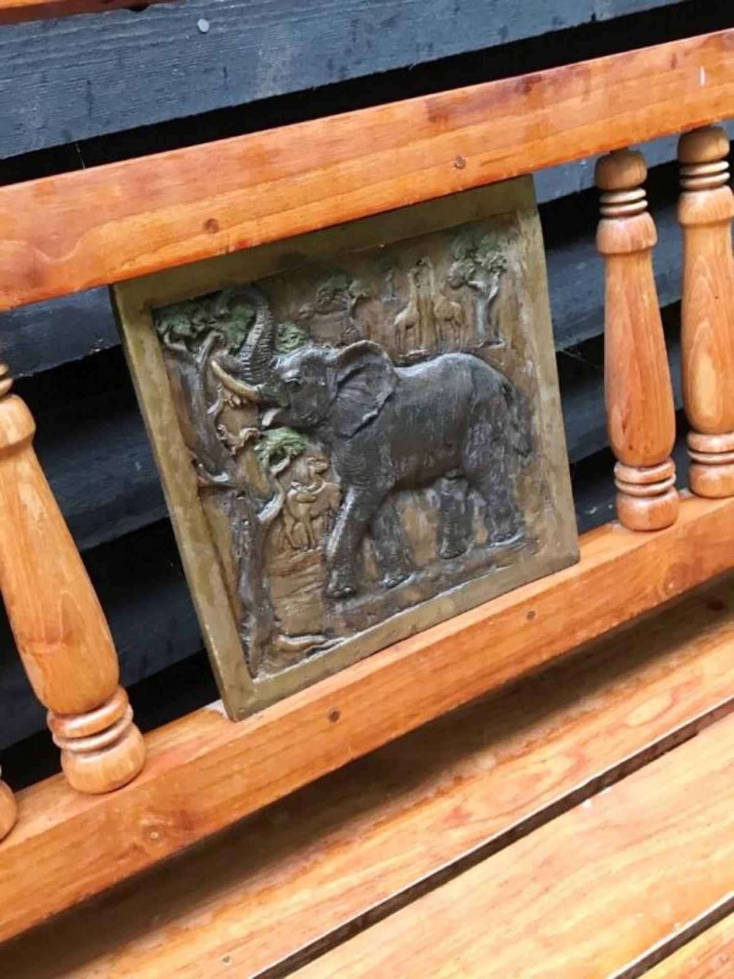 1 x Beautiful and Ornate Indian Teak Wood Bench With Raised Bronze Elephant Plaque Inserts - - Image 9 of 10