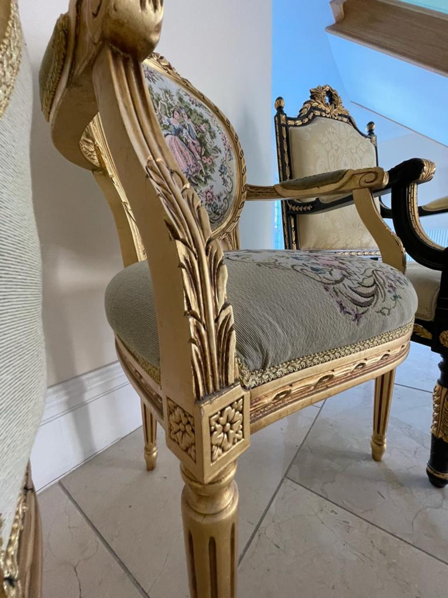 1 x Louis XVI French Style Three-Piece Salon Suite With Tapestry Upholstery and Carved Gold - Image 4 of 37