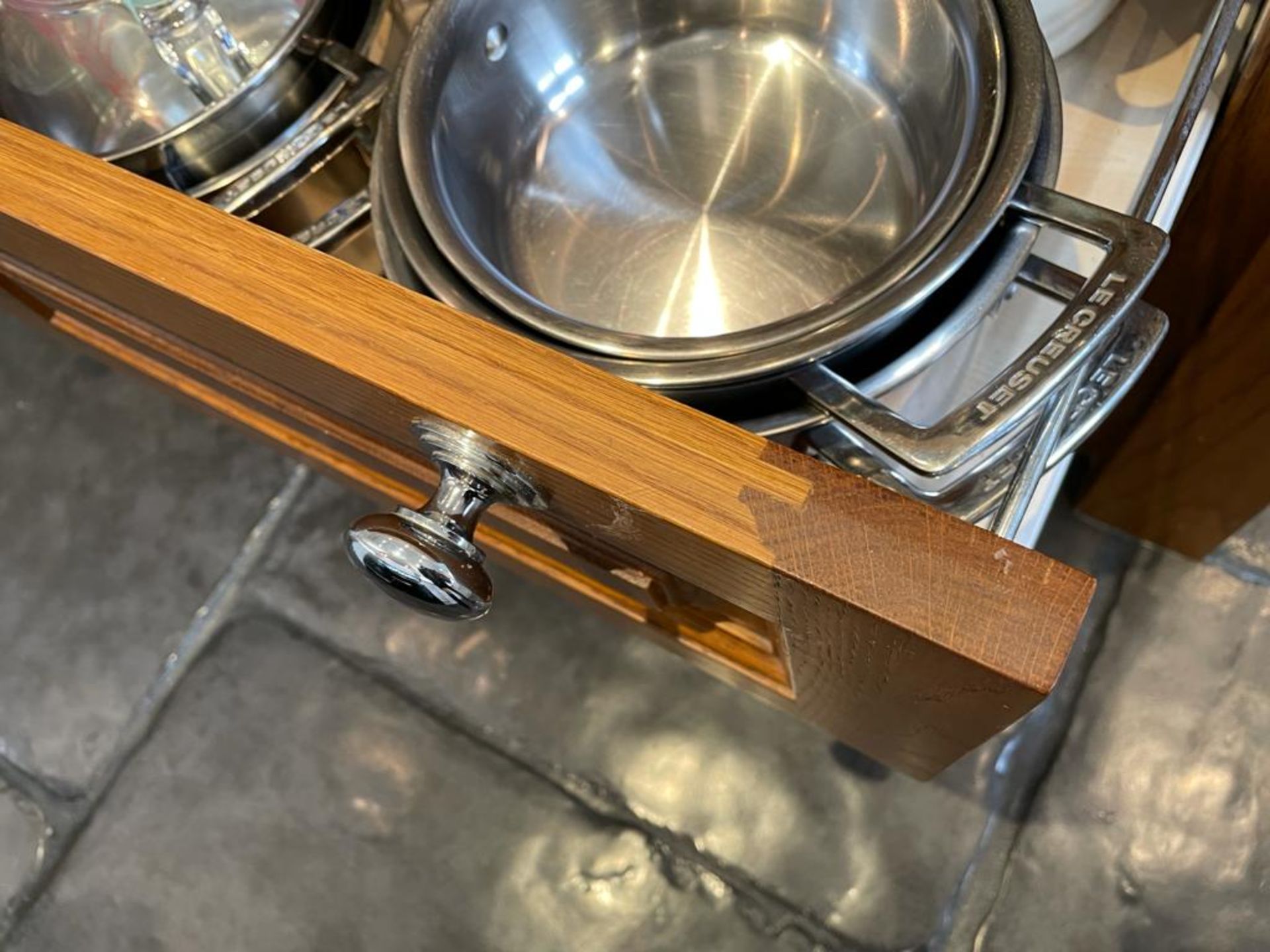 1 x Rustic Solid Wood French Country Kitchen Island With Drawers, Wine Racking + Chopping Block Top - Image 11 of 14