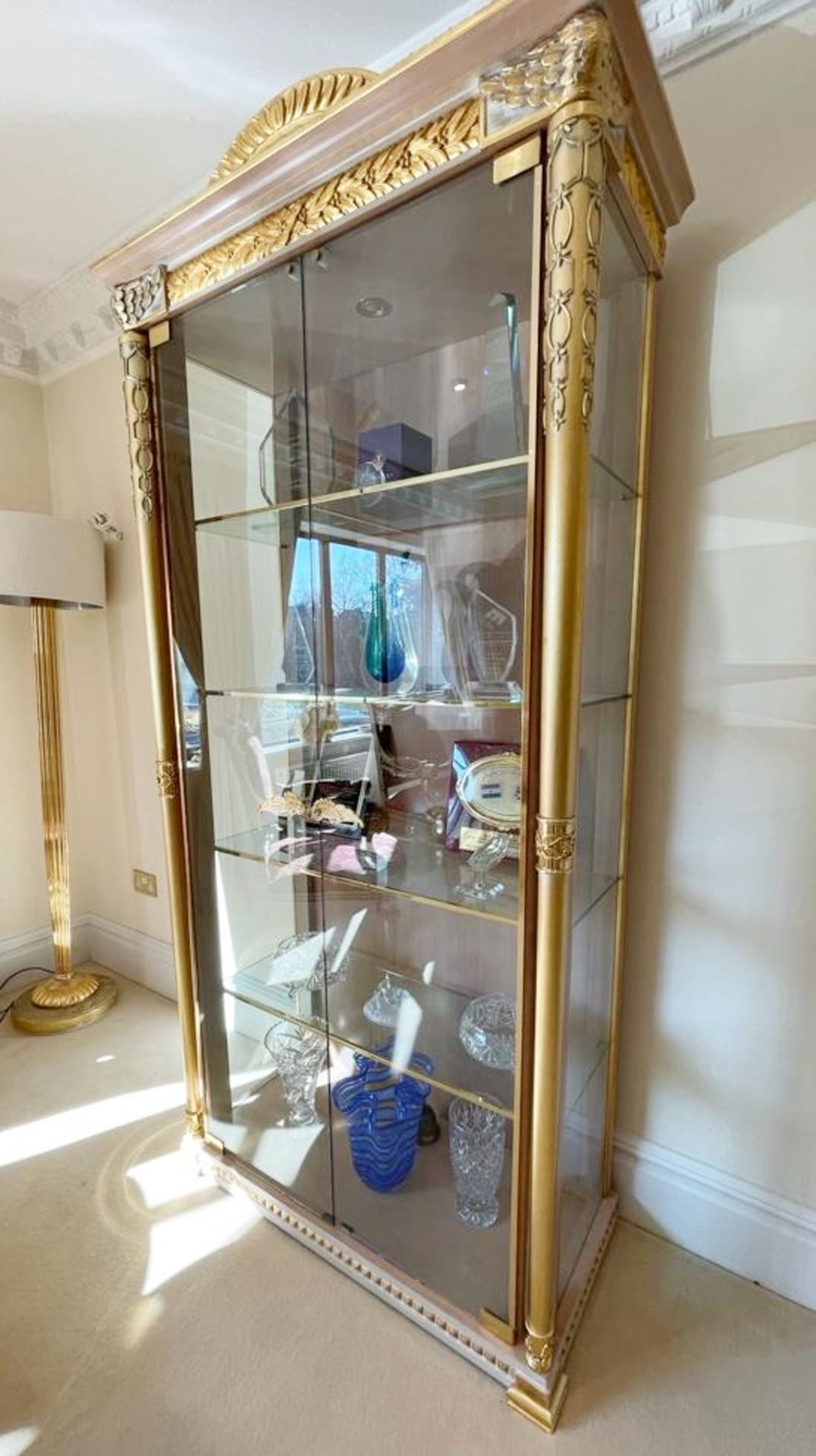 1 x Grand Showcase Upright Display Cabinet With Carved Wood Detail Finished in Gold - Features - Image 6 of 11