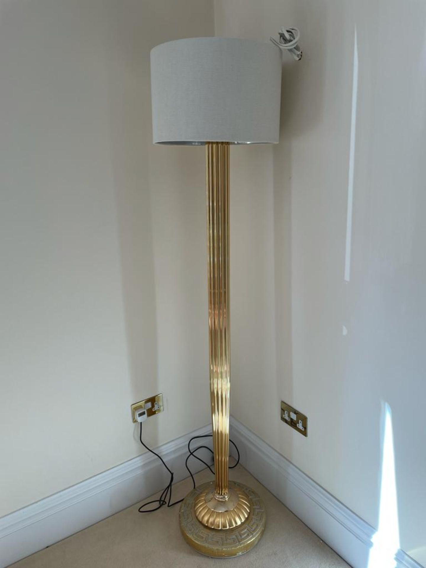 1 x Greek Style Floor Lamp With Weighted Bases, Brass Columns, White Shade and Inline On/Off Switche - Image 3 of 5