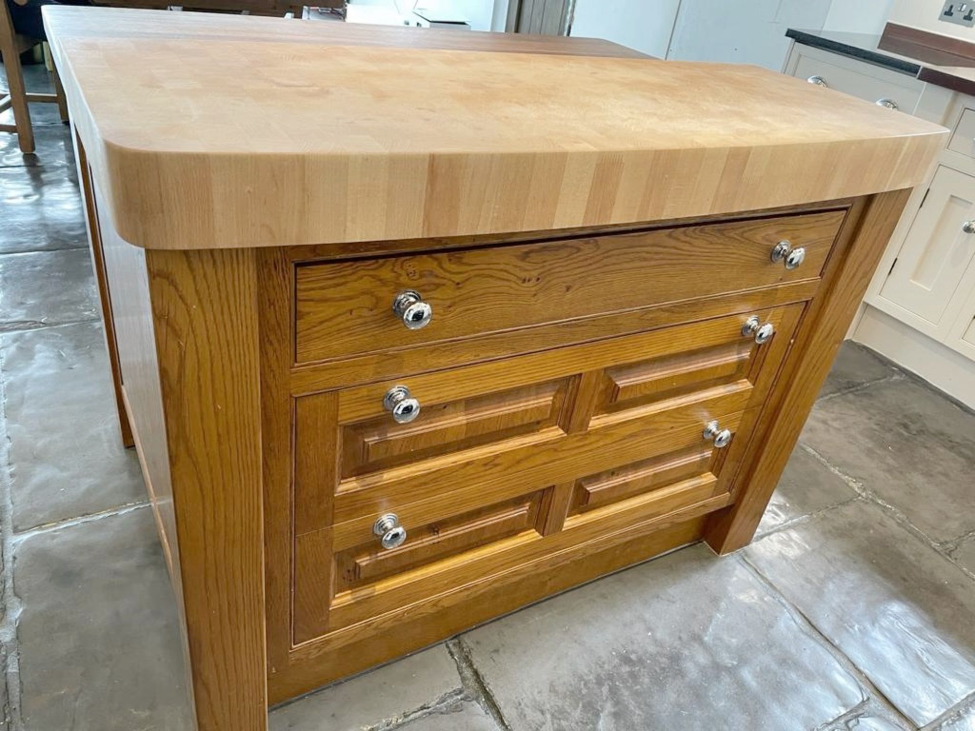 1 x Rustic Solid Wood French Country Kitchen Island With Drawers, Wine Racking + Chopping Block Top - Image 3 of 14