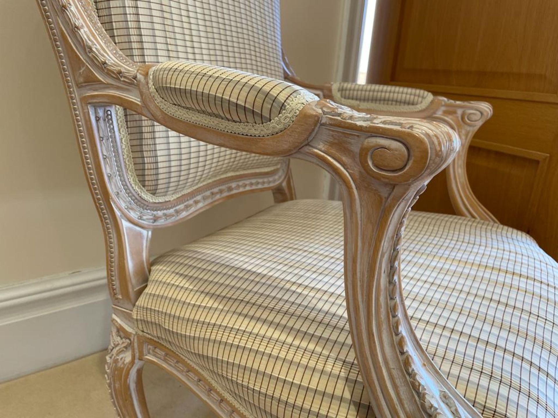 Pair of French Shabby Chic Bedroom Chairs - Stunning Carved Wood Chair Upholstered With Striped - Image 13 of 16