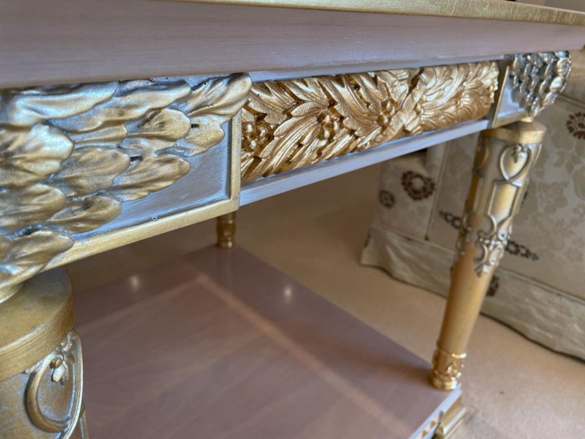 2 x Hand Carved Ornate Side Tables Complimented With Birchwood Veneer, Golden Pillar Legs, Carved - Image 2 of 13