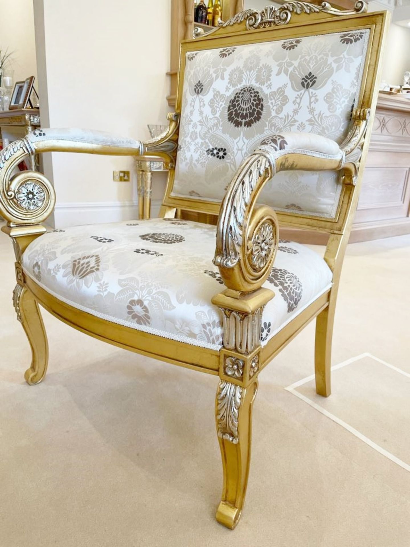 Pair of Scroll Arm Side Chair With Beautiful Carving and Bespoke Upholstery - Size: H105/46 x W75  x - Image 14 of 25