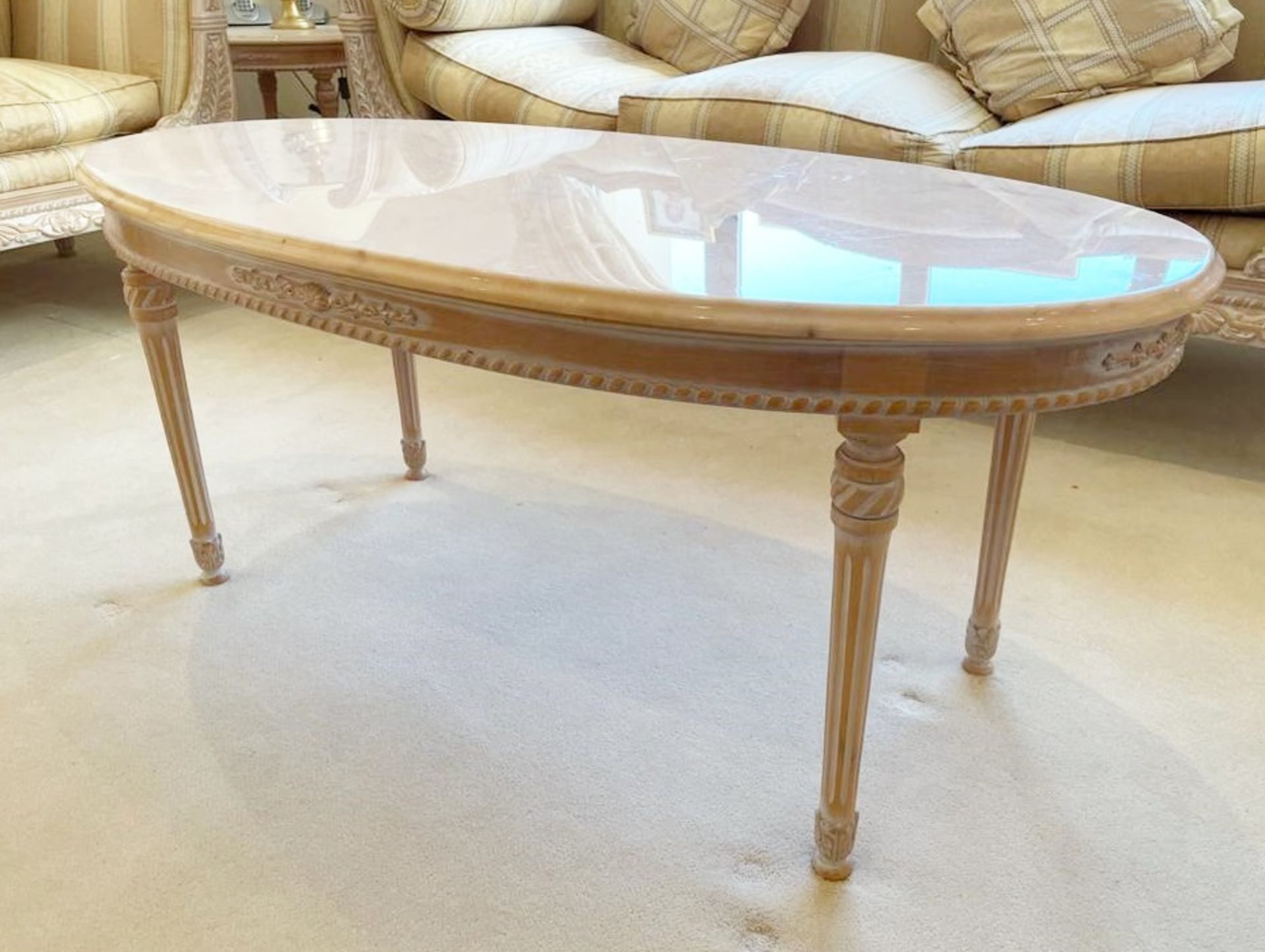 1 x French Shabby Chic Oval Coffee Table With Marble Top and Ornate Carved Base - Size: H50 x W118 x - Image 12 of 12