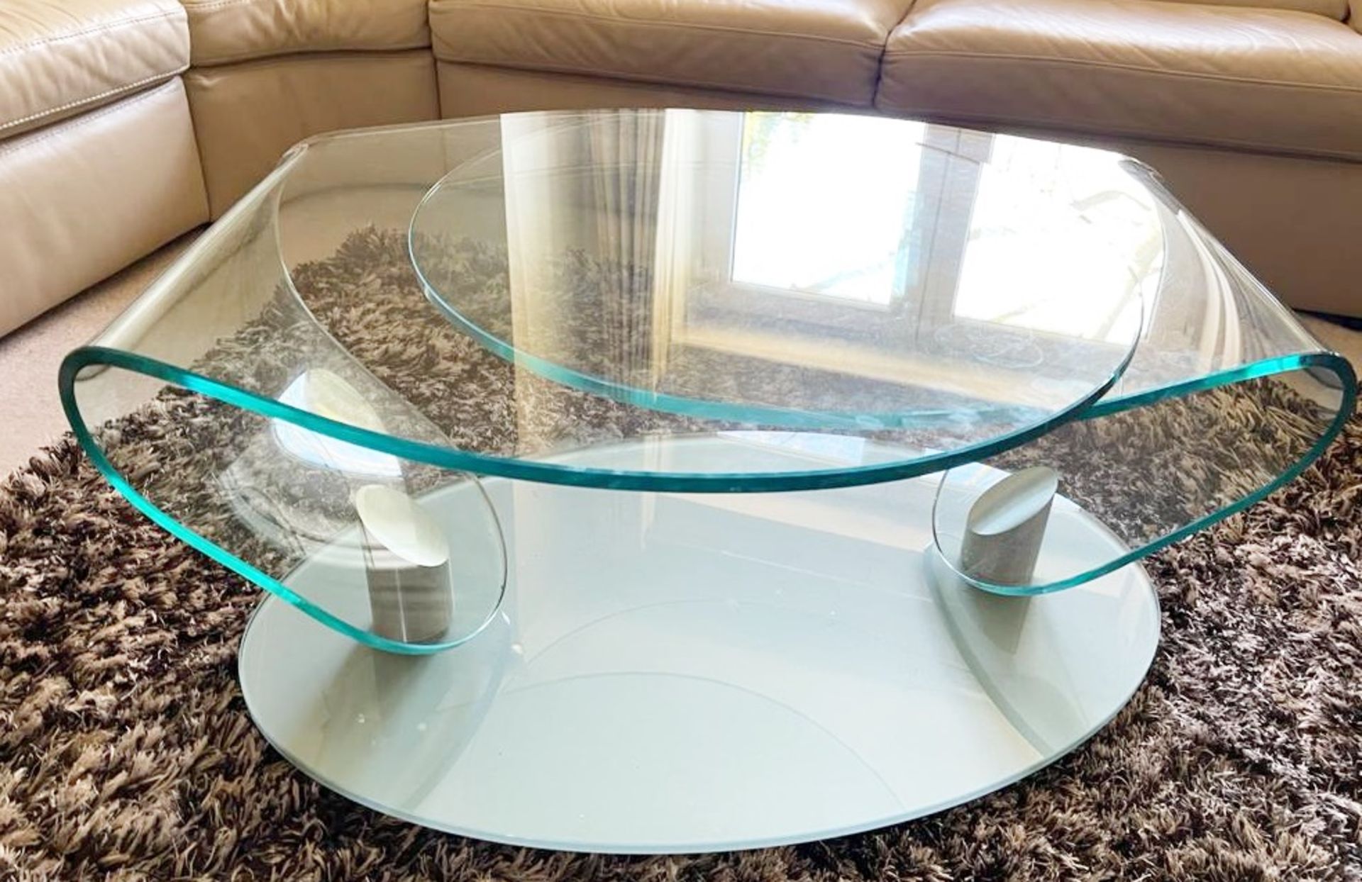 1 x Contemporary Extending Coffee Table With Two Glass Swivel Bases and Smoked Glass Base - Size: