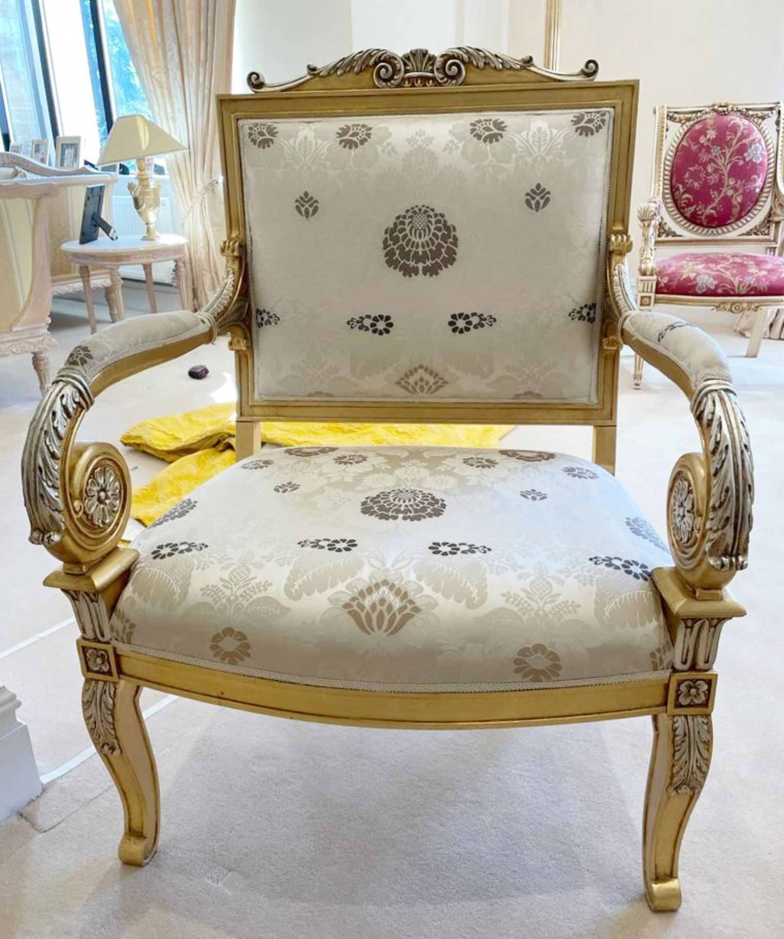 Pair of Scroll Arm Side Chair With Beautiful Carving and Bespoke Upholstery - Size: H105/46 x W75  x - Image 21 of 25