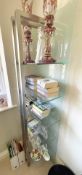 1 x Contemporary Upright Display Shelving Unit With Smoked Glass Back, Five Tier Shelves and Brushed