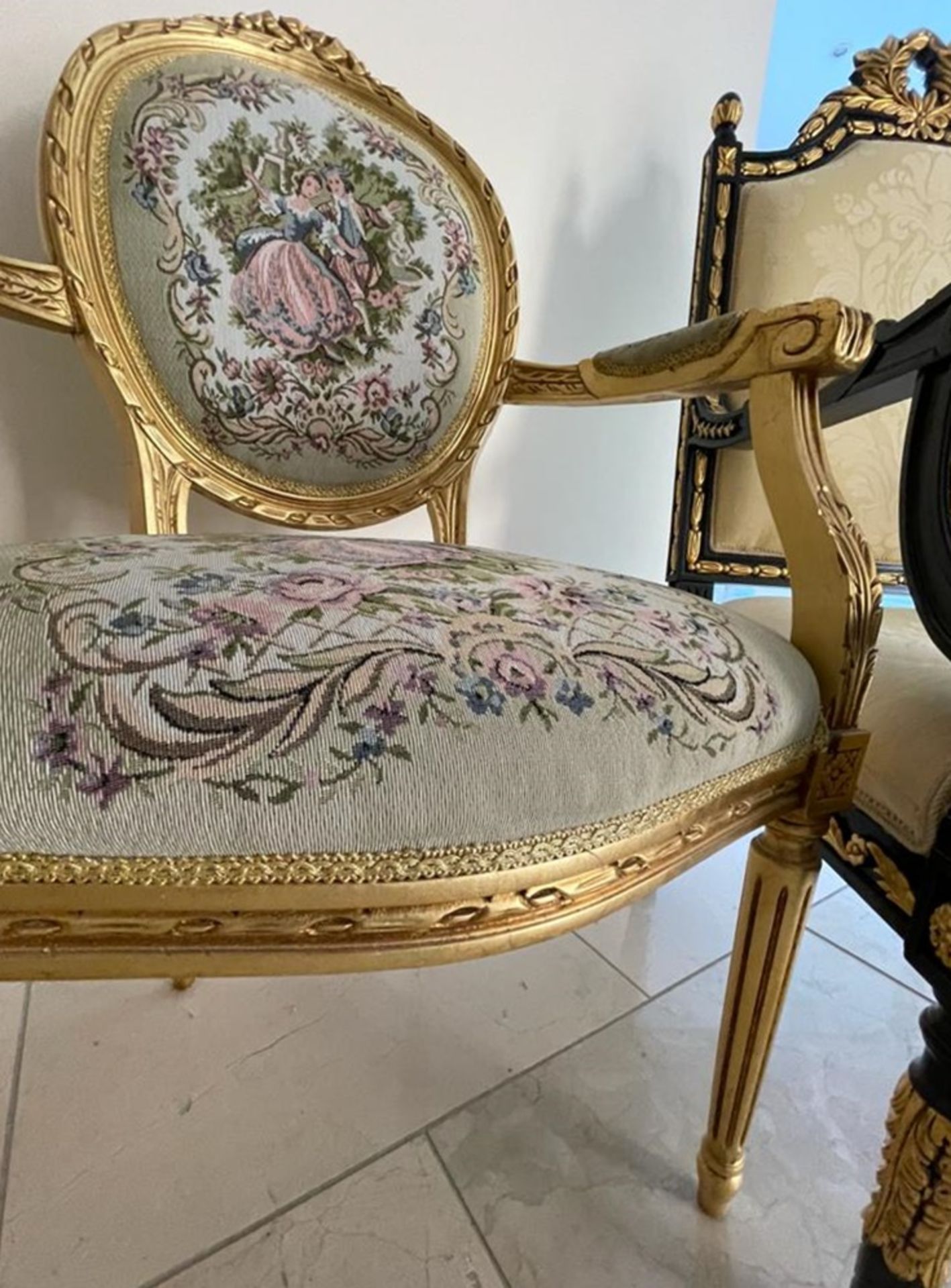 1 x Louis XVI French Style Three-Piece Salon Suite With Tapestry Upholstery and Carved Gold - Image 3 of 37