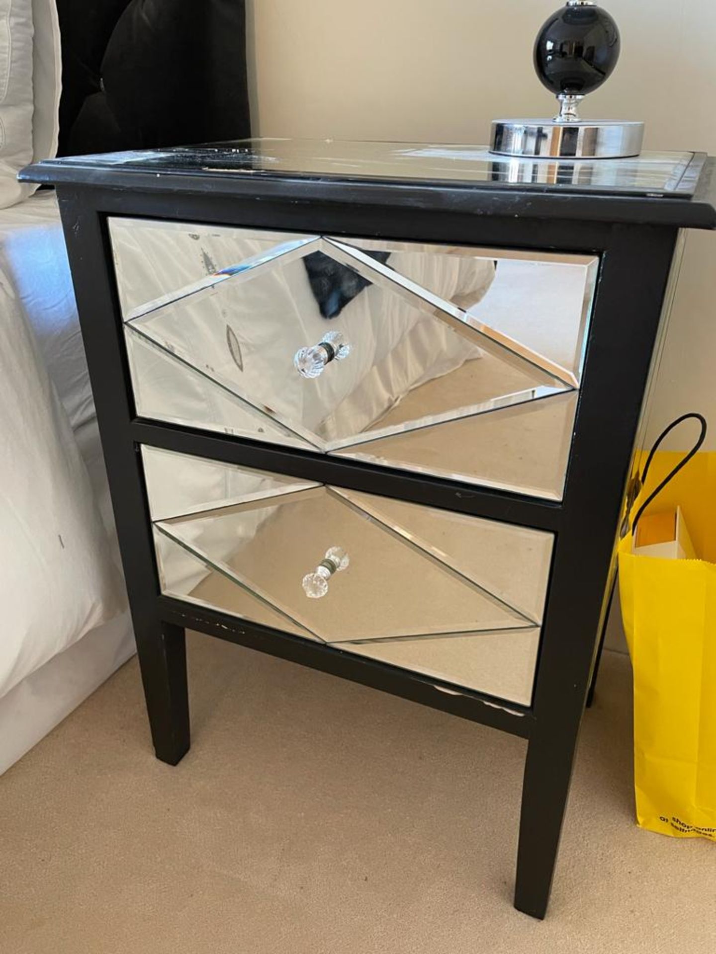 2 x Mirrored Bedside Tables Black Finish - Size: H67 x W51 x D35 cms - NO VAT ON THE HAMMER - - Image 2 of 8