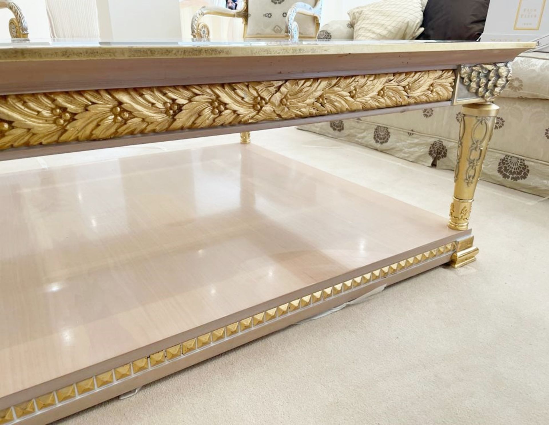 1 x Hand Carved Coffee Table Complimented With Birchwood Veneer, Golden Pillar Legs, Carved Wing - Image 8 of 12