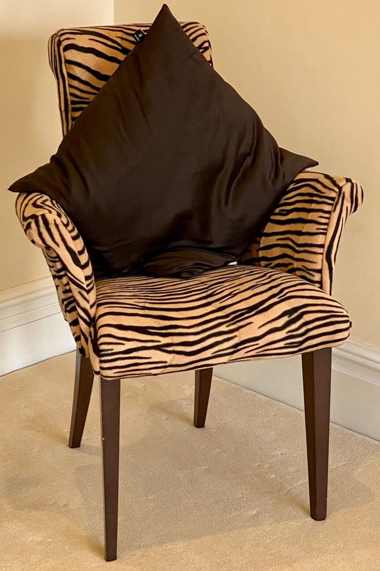 Pair of Cattelan Italia Side Chairs With Scroll Back and Arms Upholstered in a High Quality Tiger - Image 5 of 14