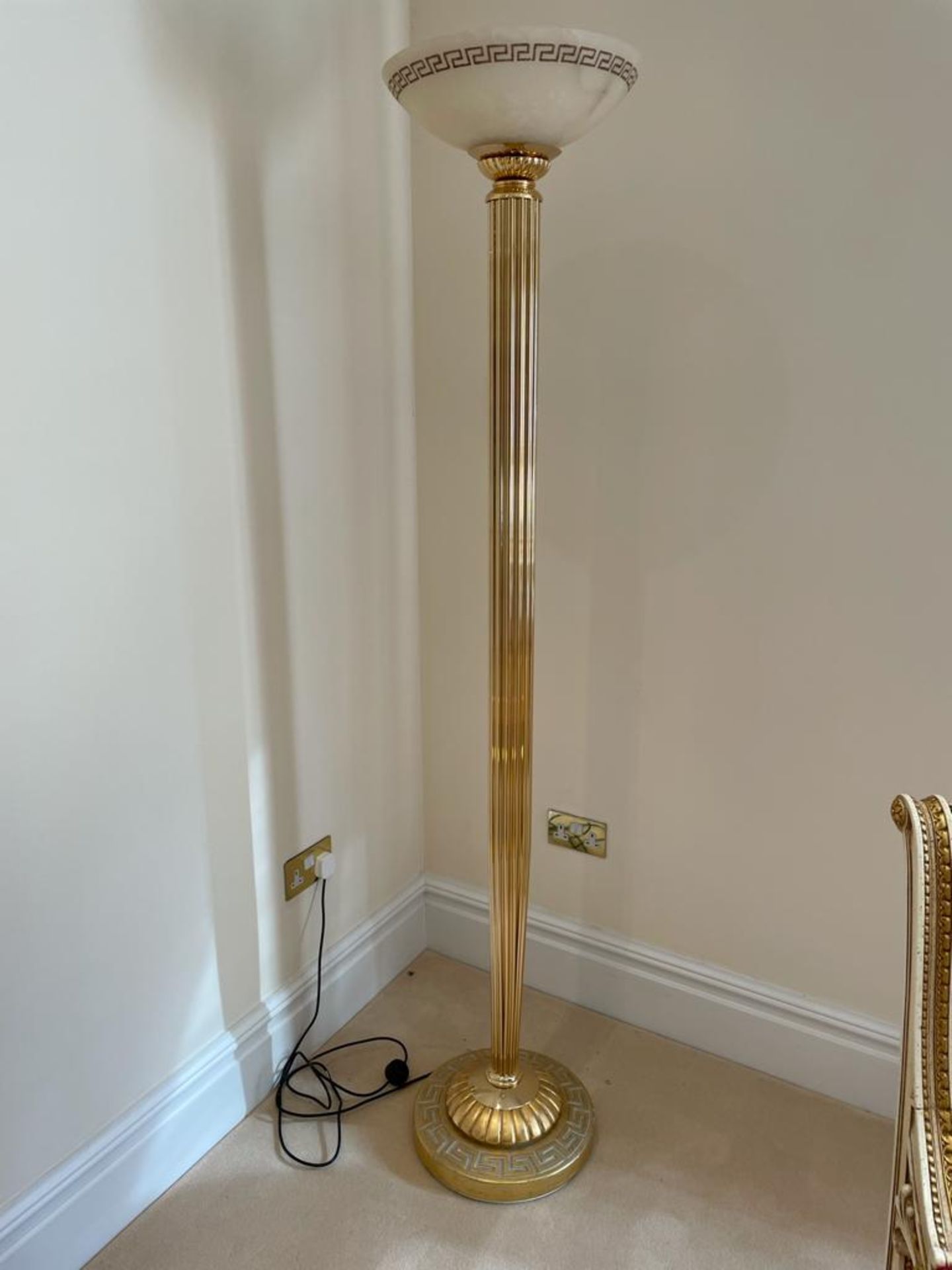 1 x Greek Style Floor Lamp With Weighted Bases, Brass Columns, Frosted Uplight Shade and Inline On/ - Image 4 of 14