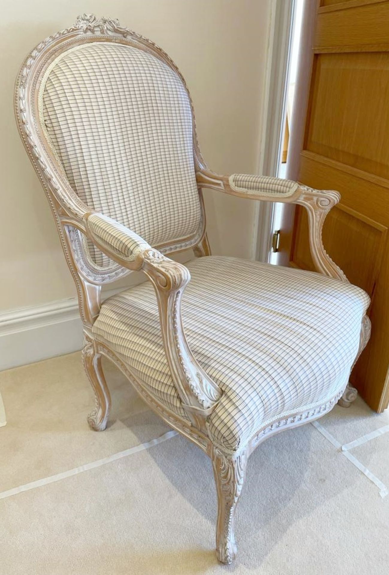 Pair of French Shabby Chic Bedroom Chairs - Stunning Carved Wood Chair Upholstered With Striped