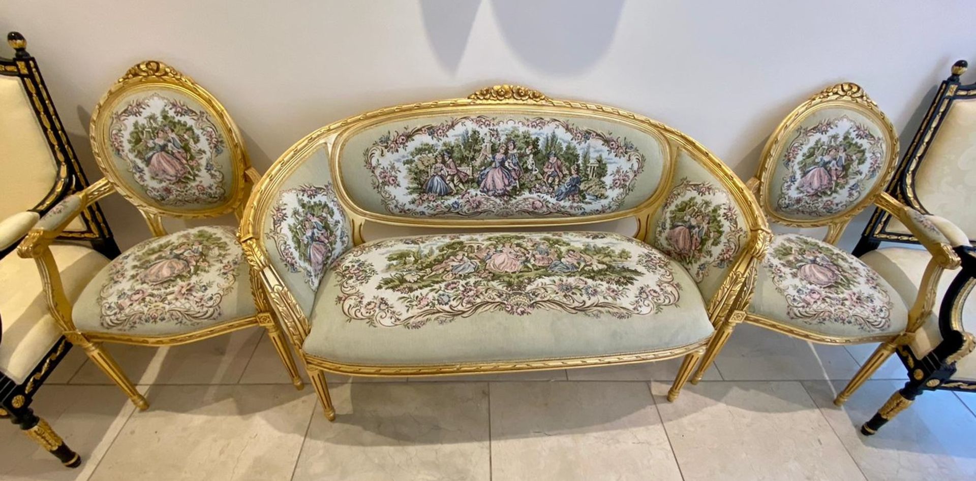 1 x Louis XVI French Style Three-Piece Salon Suite With Tapestry Upholstery and Carved Gold - Image 9 of 37