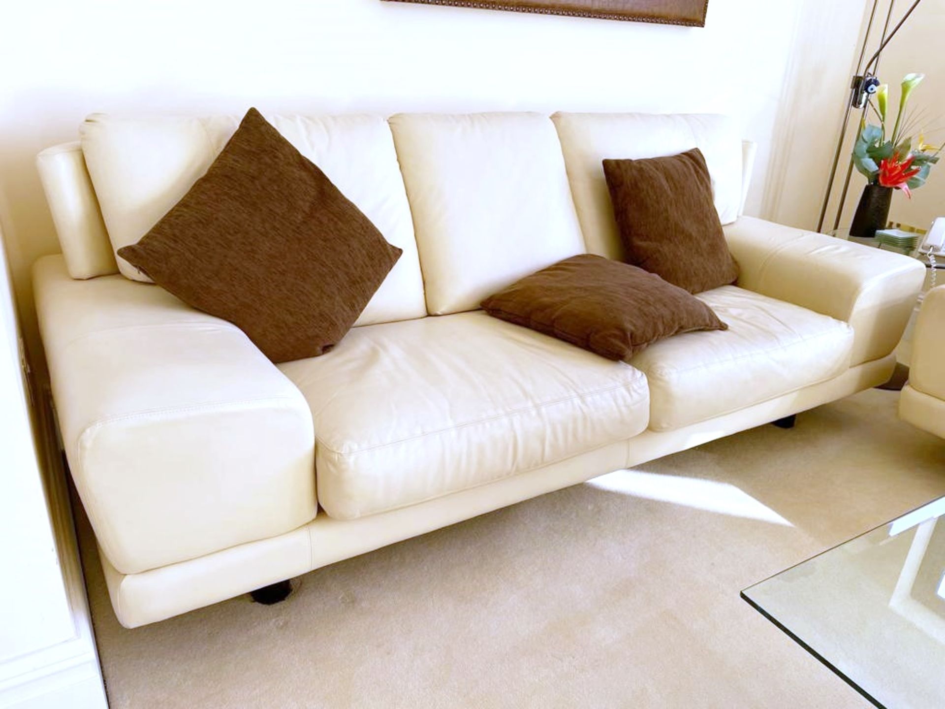 2 x Genuine Cream Leather Contemporary Sofas With Large Armpads and Curved Backs - NO VAT ON THE - Image 20 of 23