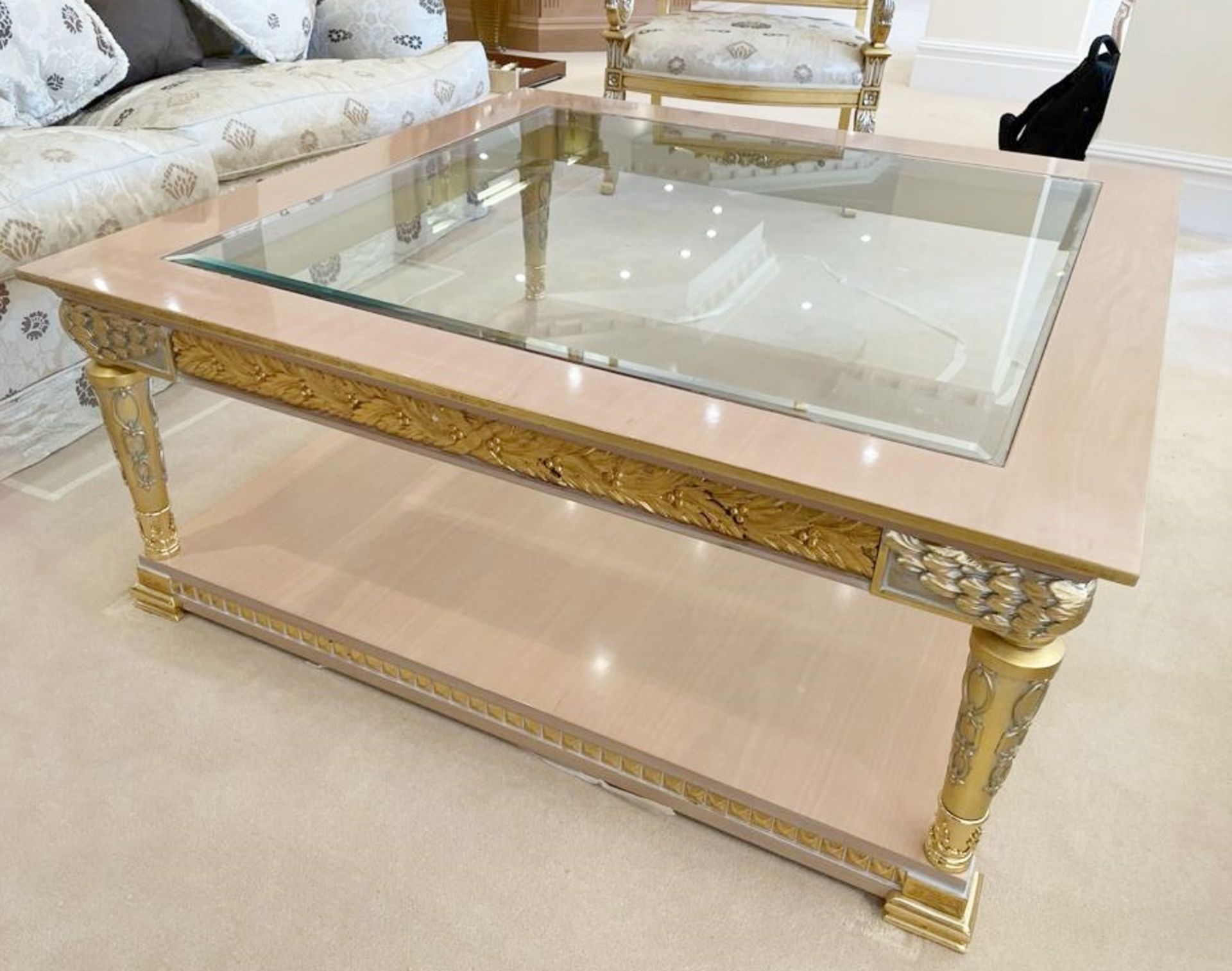 1 x Hand Carved Coffee Table Complimented With Birchwood Veneer, Golden Pillar Legs, Carved Wing - Image 6 of 12