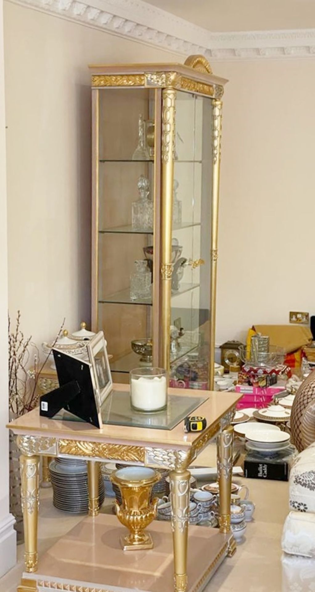 1 x Grand Showcase Upright Display Cabinet With Hand Carved Detail Finished in Gold - Features - Image 11 of 12