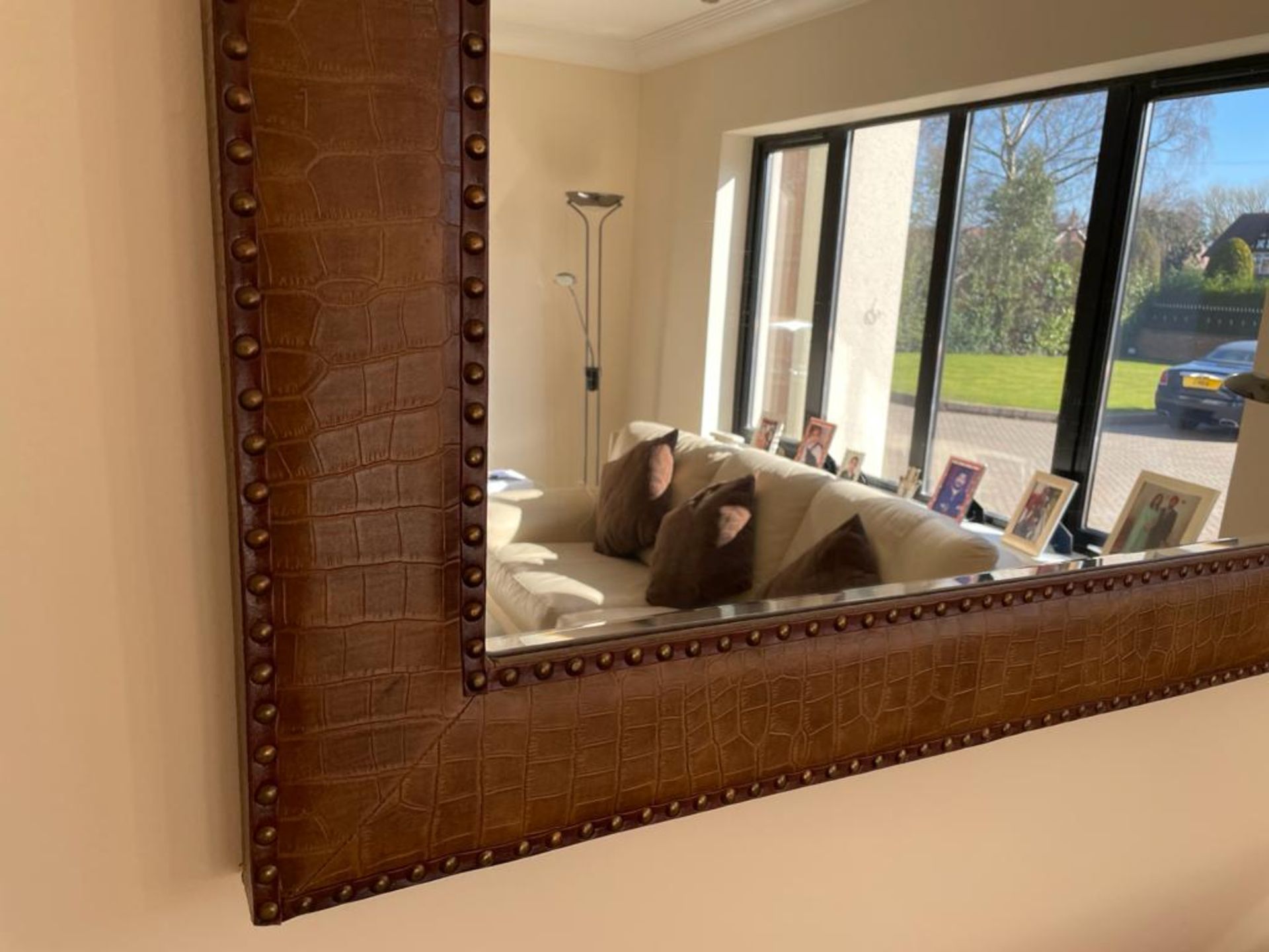 1 x Large Wall Mirror With Studded Crocodile Skin Effect Leather  Upholstery Bevelled Edge Glass - Image 3 of 5