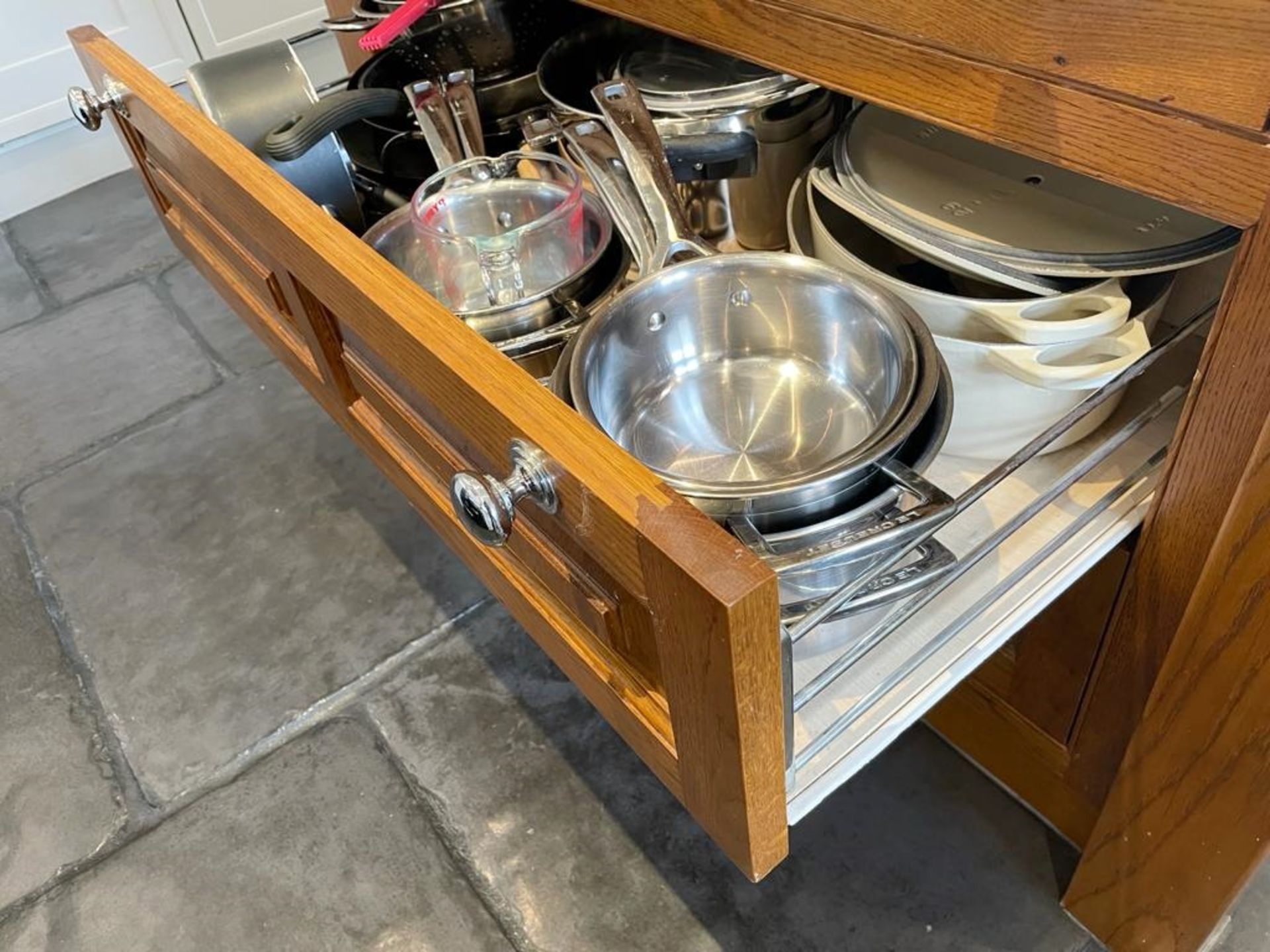 1 x Rustic Solid Wood French Country Kitchen Island With Drawers, Wine Racking + Chopping Block Top - Image 12 of 14