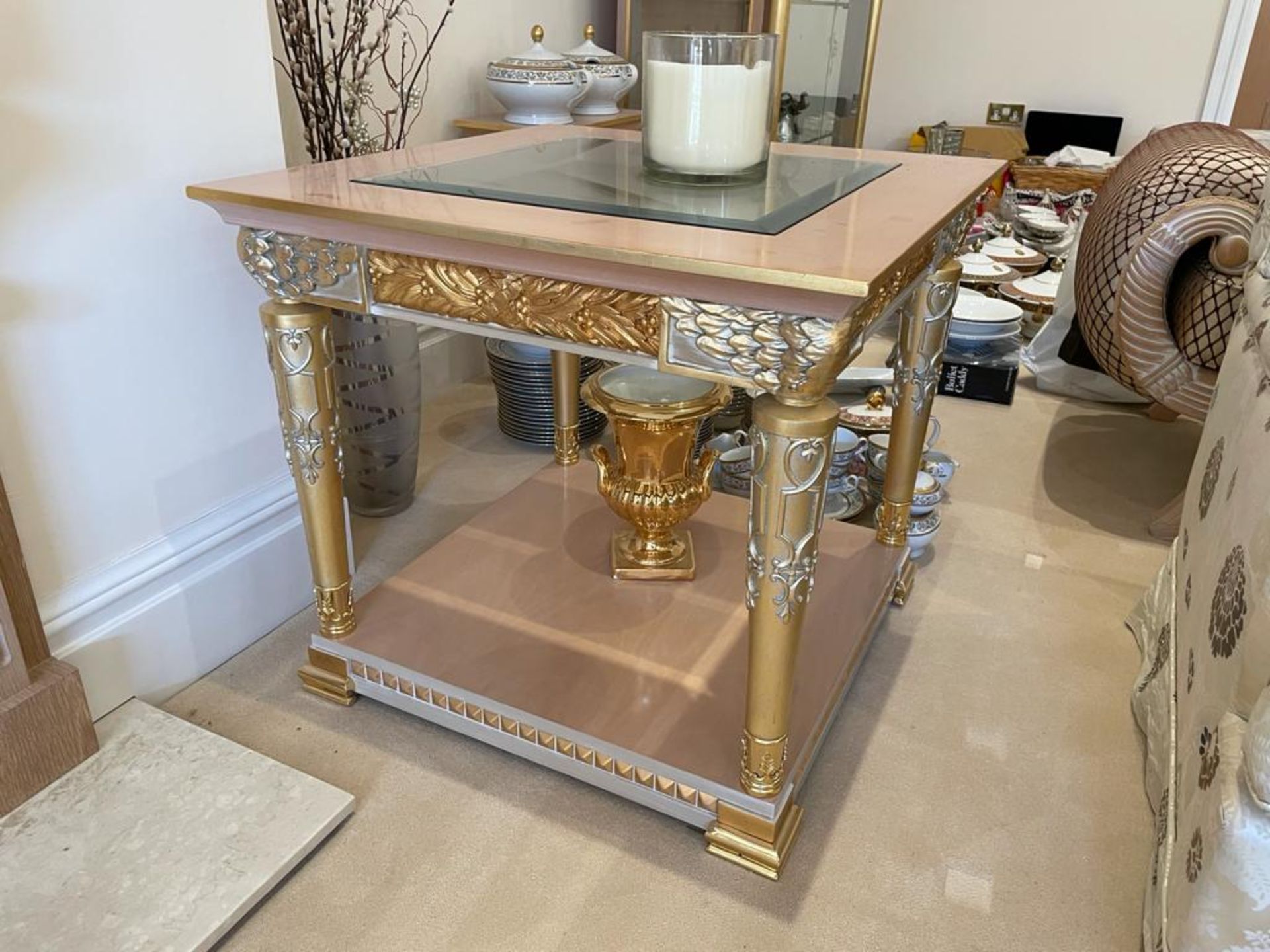 2 x Hand Carved Ornate Side Tables Complimented With Birchwood Veneer, Golden Pillar Legs, Carved - Image 12 of 13