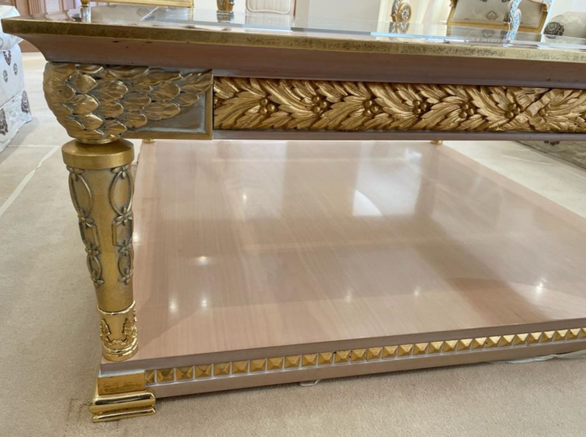 1 x Hand Carved Coffee Table Complimented With Birchwood Veneer, Golden Pillar Legs, Carved Wing - Image 9 of 12