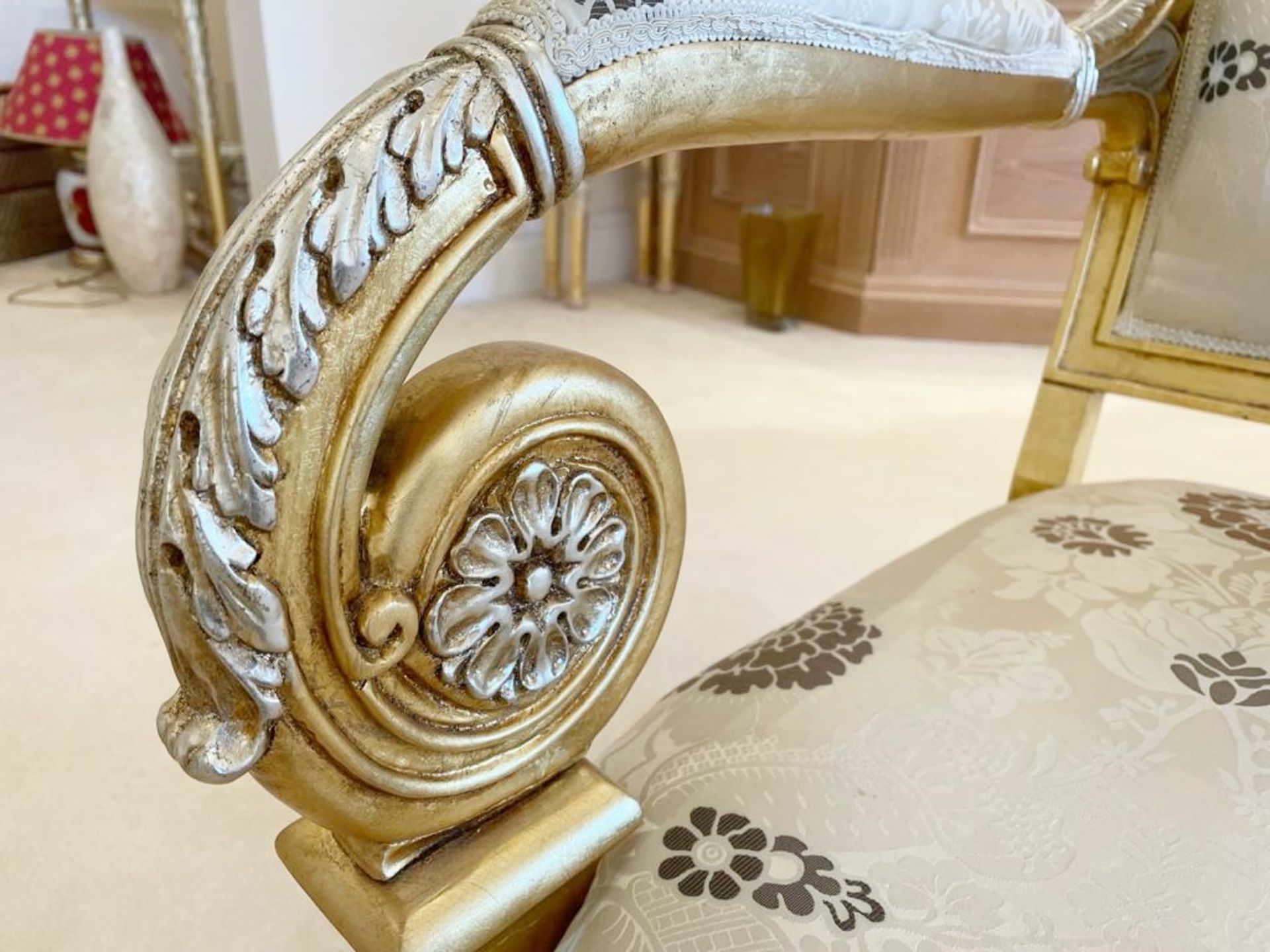 Pair of Scroll Arm Side Chair With Beautiful Carving and Bespoke Upholstery - Size: H105/46 x W75  x - Image 13 of 25