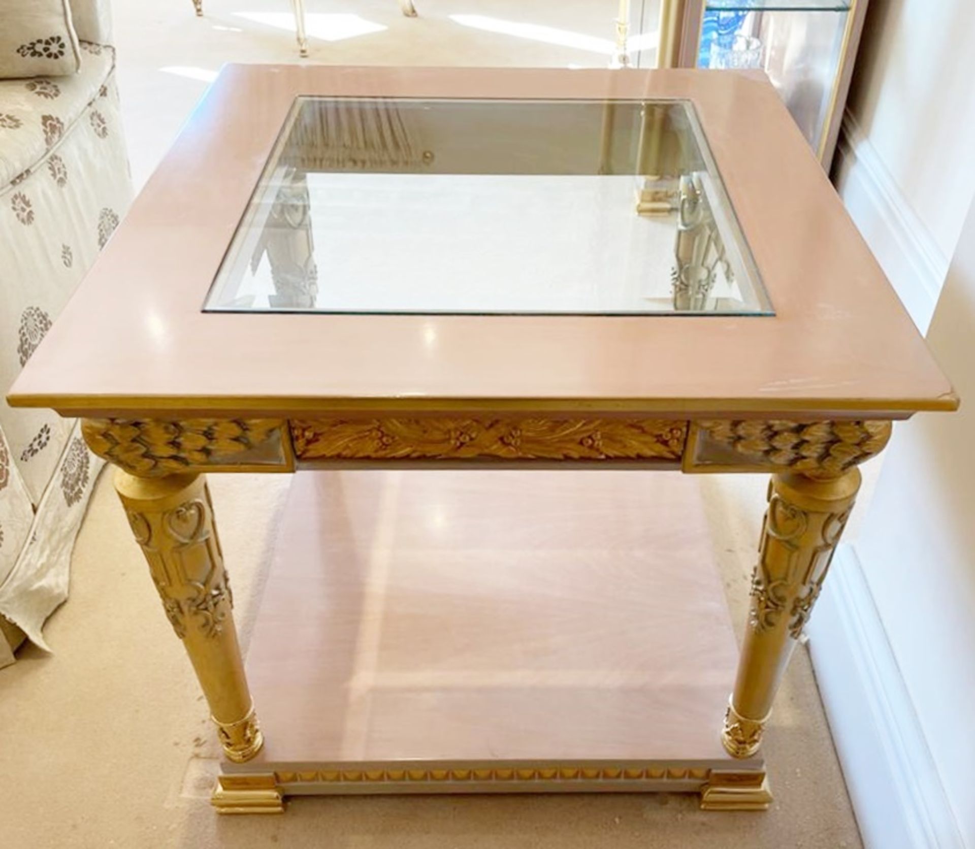 2 x Hand Carved Ornate Side Tables Complimented With Birchwood Veneer, Golden Pillar Legs, Carved - Image 9 of 13